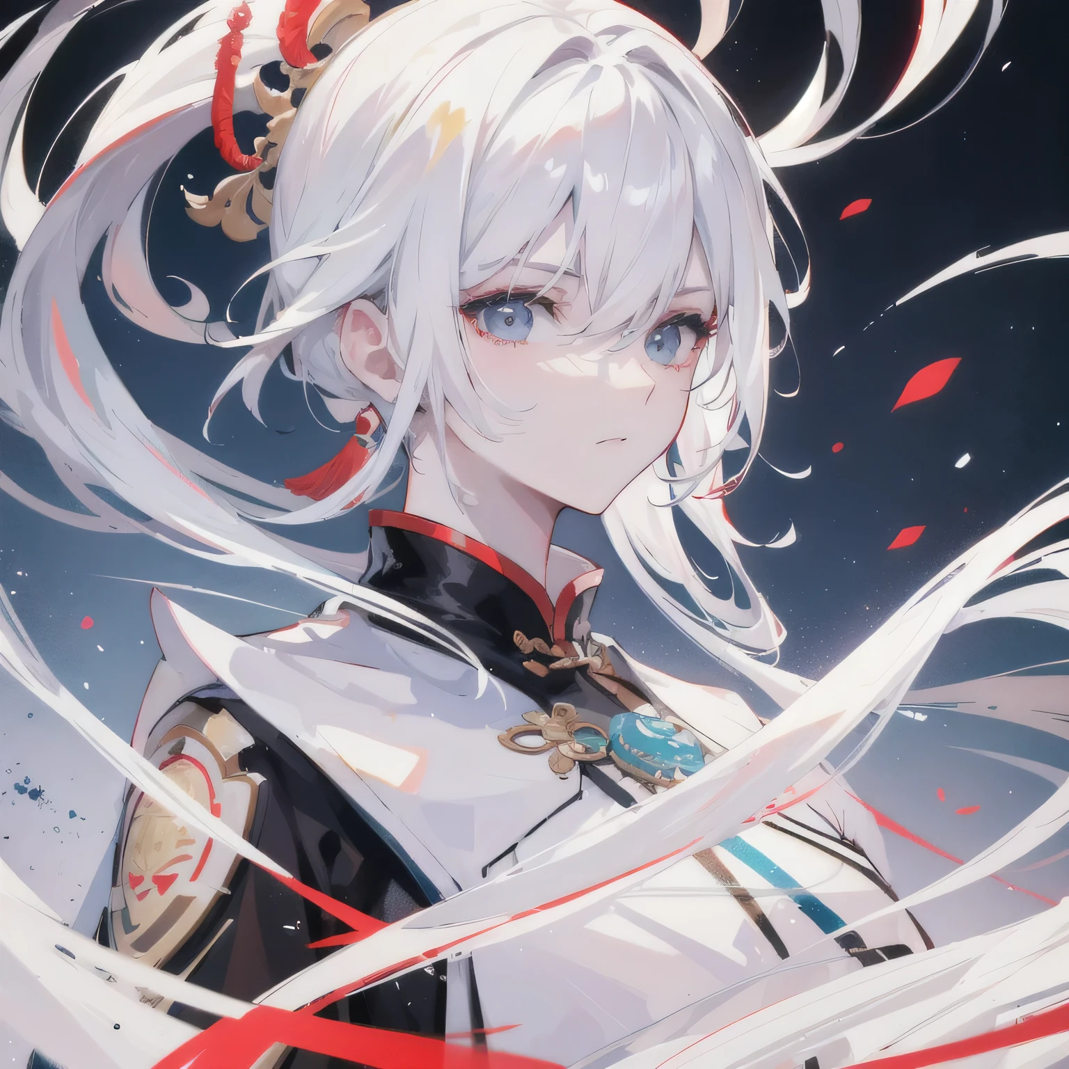 （male），White hair and black eyes，Steel City，full-body shot，Delicate gloss， oc rendering， Soft colors， Texture close-up， High Detail，3d rendering，high quality，best quality，8K，Fingers for more details，（Colorful painting on the body，Red Chinese style painting）