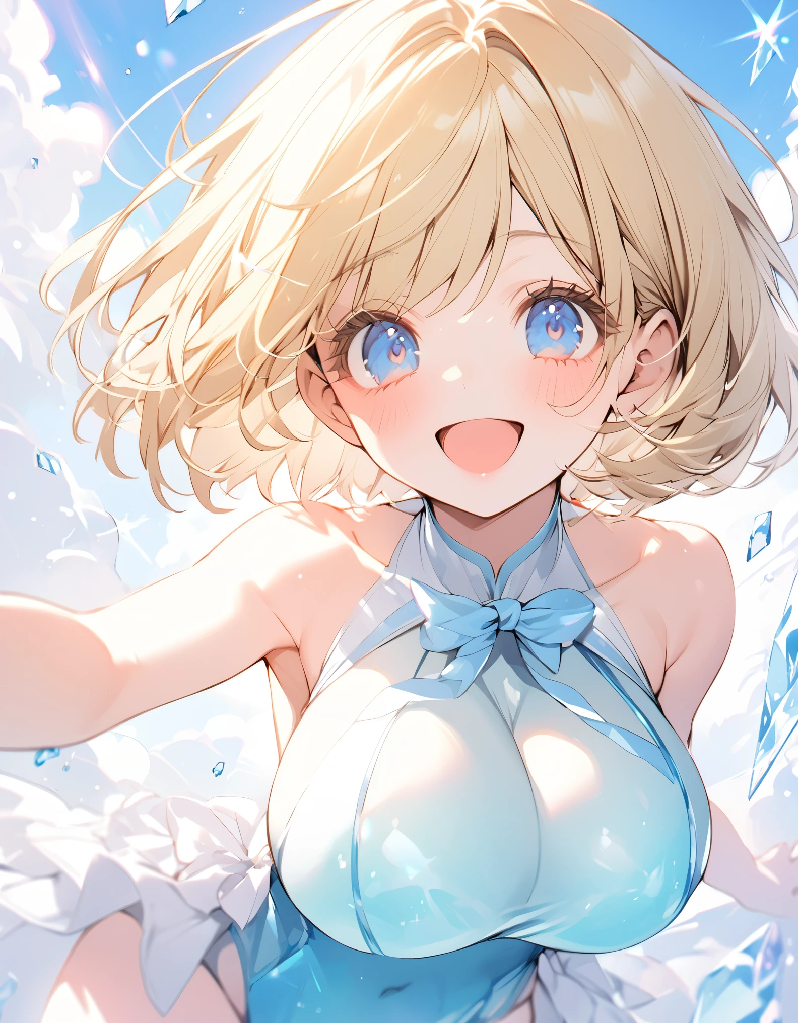 A magical ice swimsuit that creates a magical aura (Original uniform), (), (blonde:1.5）(eyelash:1.2) (Short Bob Hair:1.4), (Blue eyes)(Big Breasts:1.3)I'm very happy
