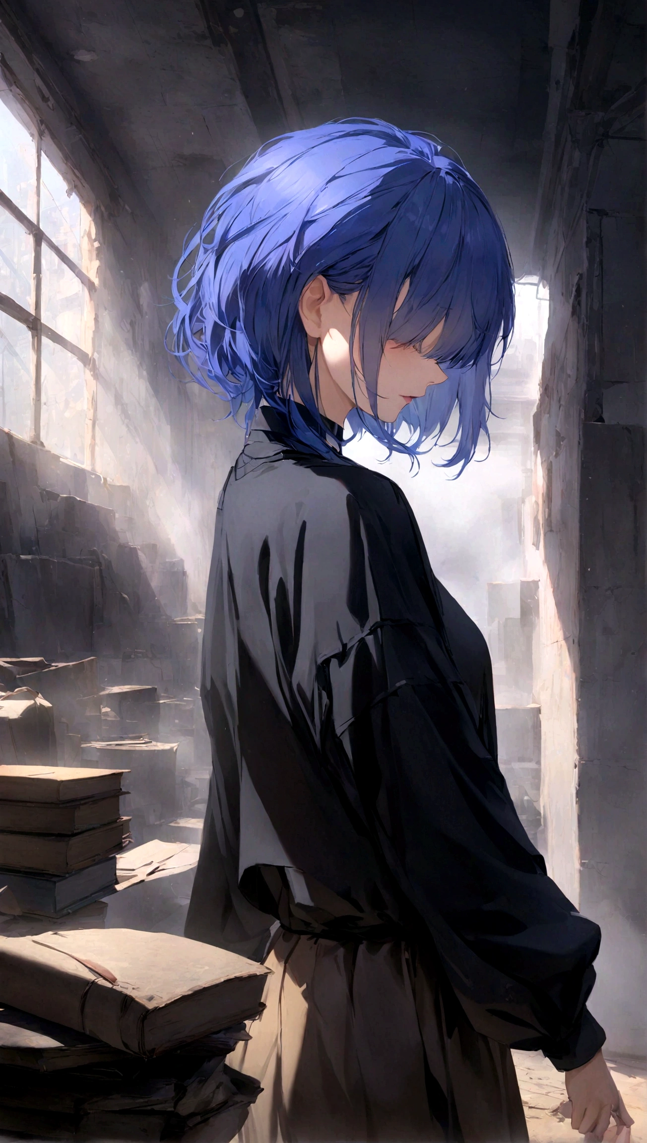 Cloth, Cover your eyes,用丝带Cover your eyes, ((Not blindfolded,))black, black透明裙子,Long blue hair,In an abandoned factory, dark,Album,Art Books, game_CG, realistic, photo, real,, masterpiece, best quality,short hair,cool