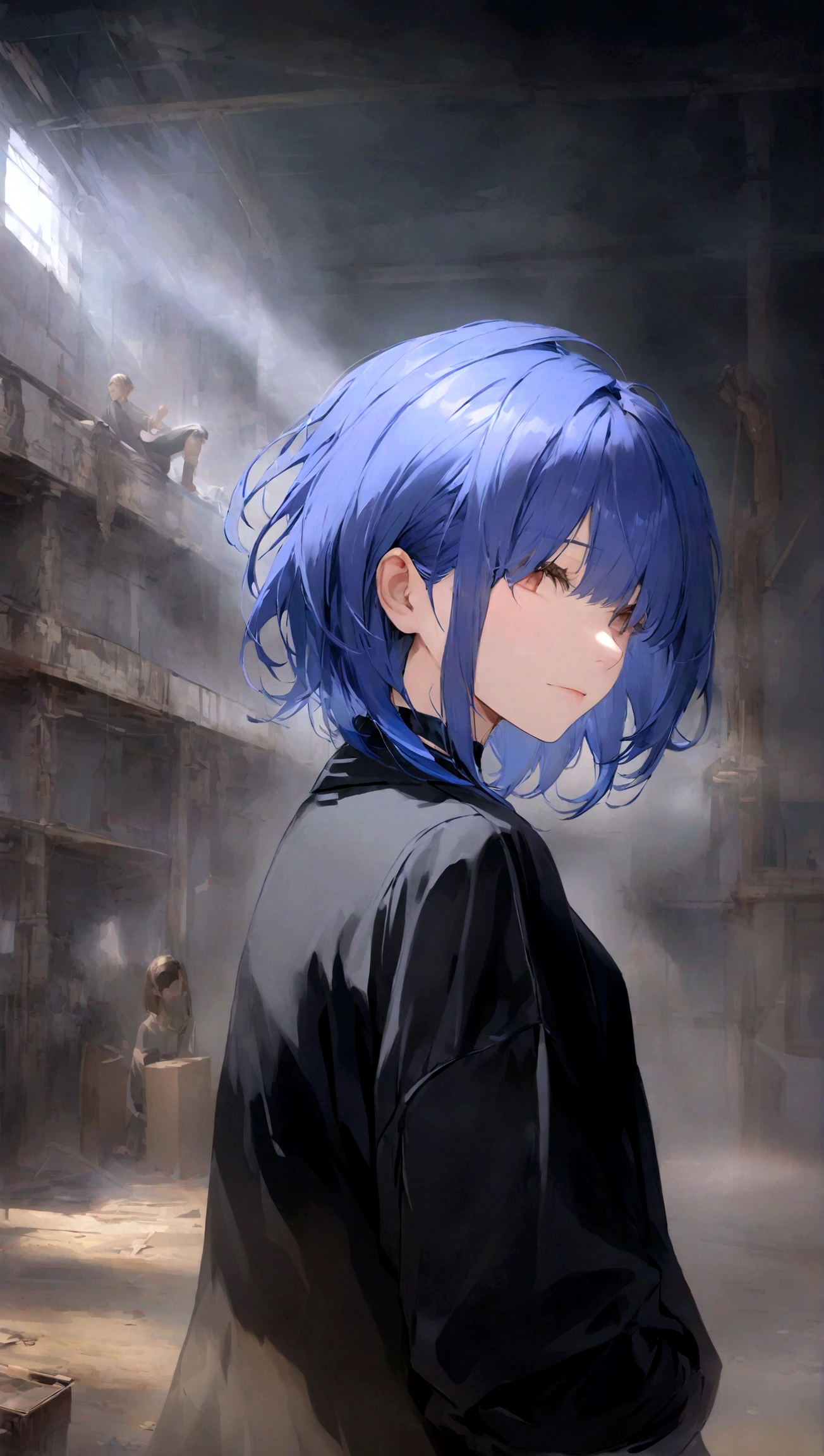 Cloth, Cover your eyes,用丝带Cover your eyes, ((Not blindfolded,))black, black透明裙子,Long blue hair,In an abandoned factory, dark,Album,Art Books, game_CG, realistic, photo, real,, masterpiece, best quality,short hair,cool