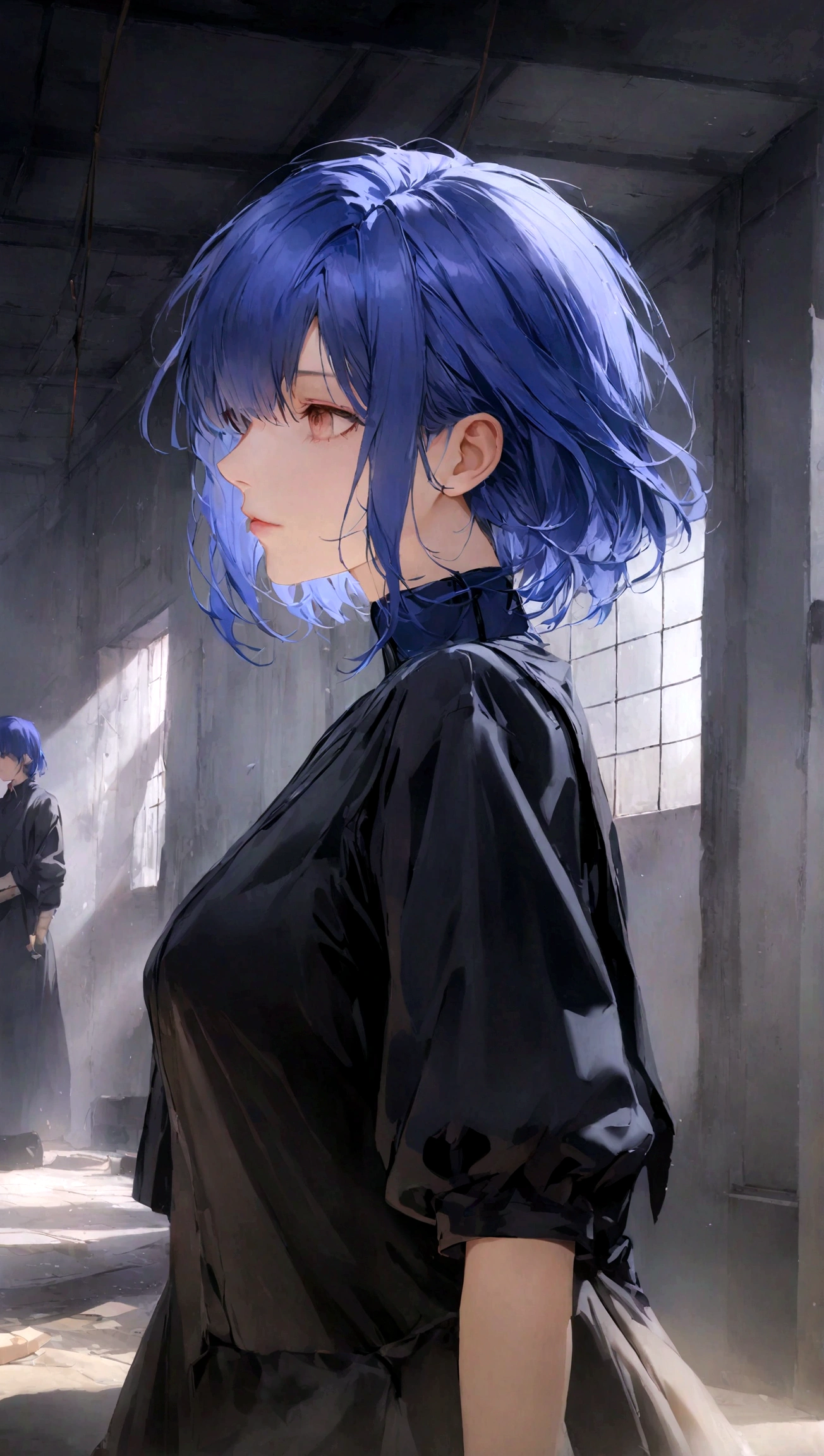 Cloth, Cover your eyes,用丝带Cover your eyes, ((Not blindfolded,))black, black透明裙子,Long blue hair,In an abandoned factory, dark,Album，Art Books, game_CG, realistic, photo, real,, masterpiece, best quality,short hair，cool