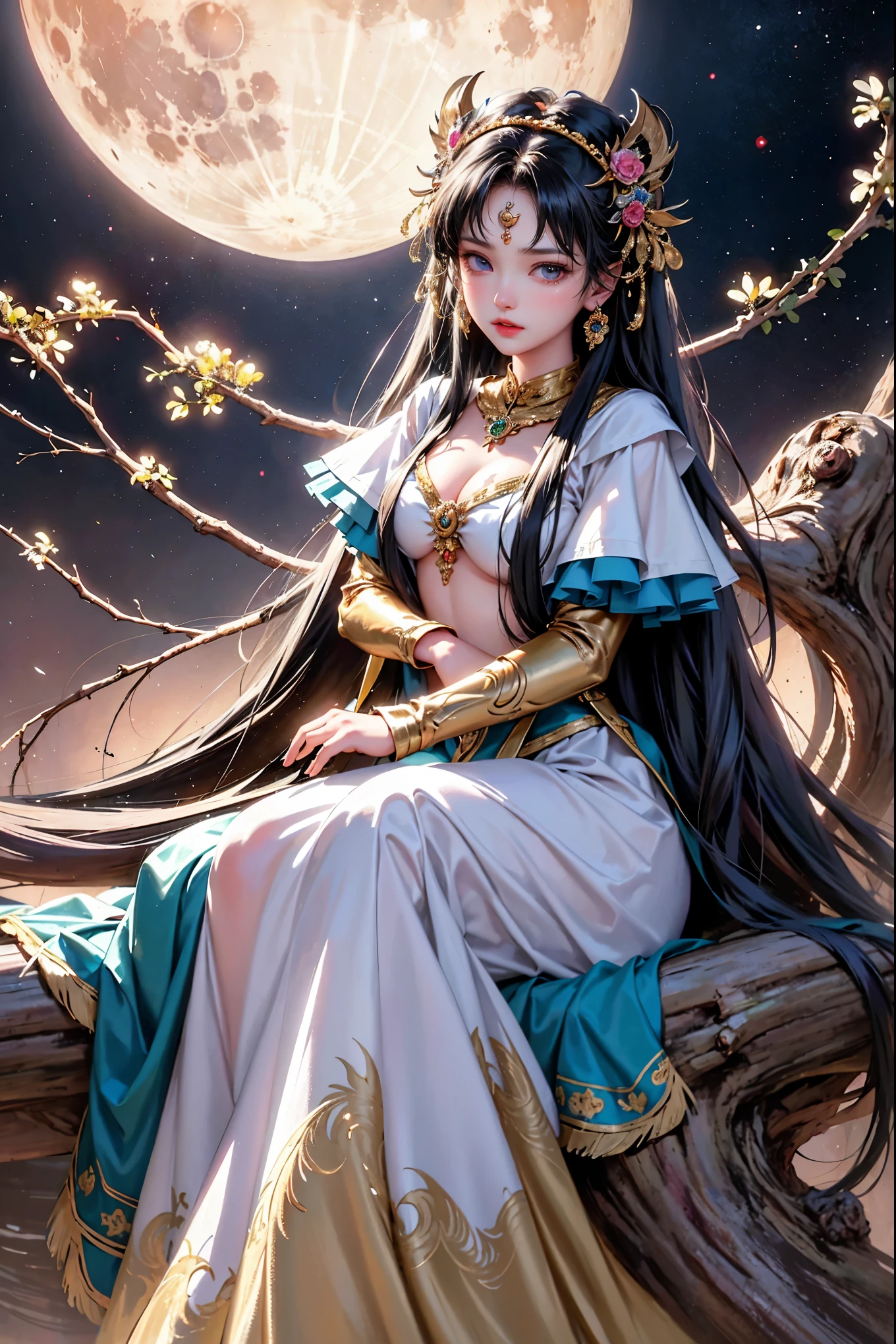 High quality, high resolution, HDR, fantasy world view, perfect and detailed poster. A realistic photo of a beautiful woman captured in detail. She is wearing tiger fur as clothing, a large peacock feather headpiece as a hair ornament, sitting on the trunk of a large tree and looking at the camera. She has deep red lipstick and is very wild. It fully shows the charm of an Amazonian woman, blending with nature and standing out. The background is a night view, and the light of the moon and river in the wilderness of the forest is depicted very fantastically.