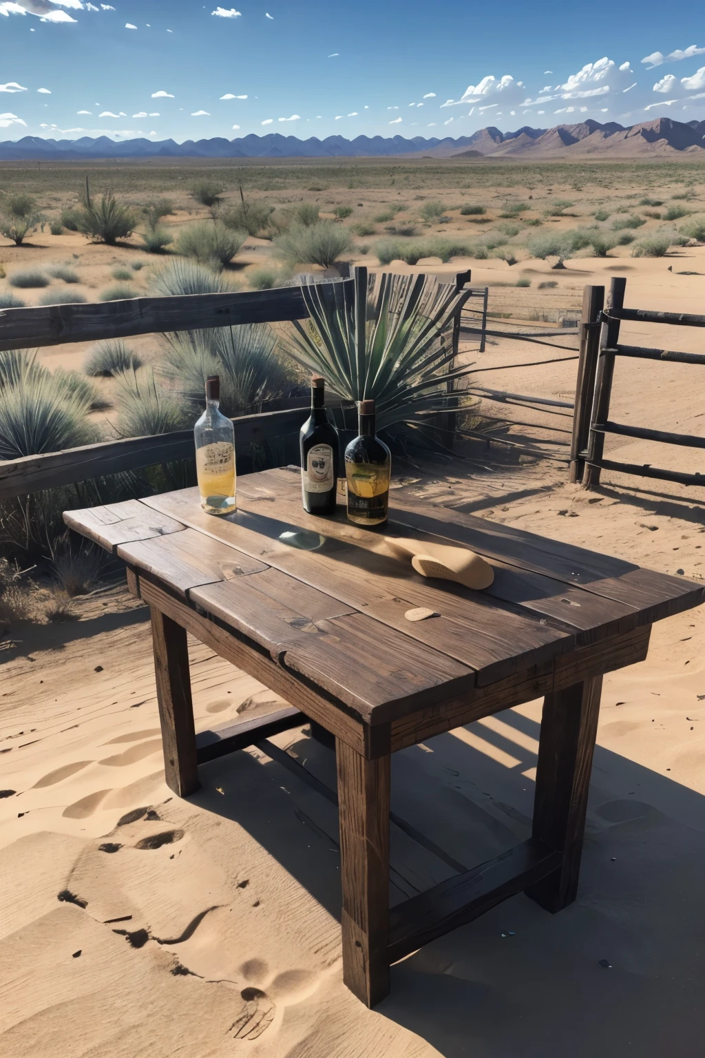 An wood fence of an stable, where is an improvised table with few playing cards 2 tequila shots a half tequila bottle and an other tequila bottle empty on the same table, on the fence a charro hat and a rope. also it need to be on a desertic area with agave plants on the background