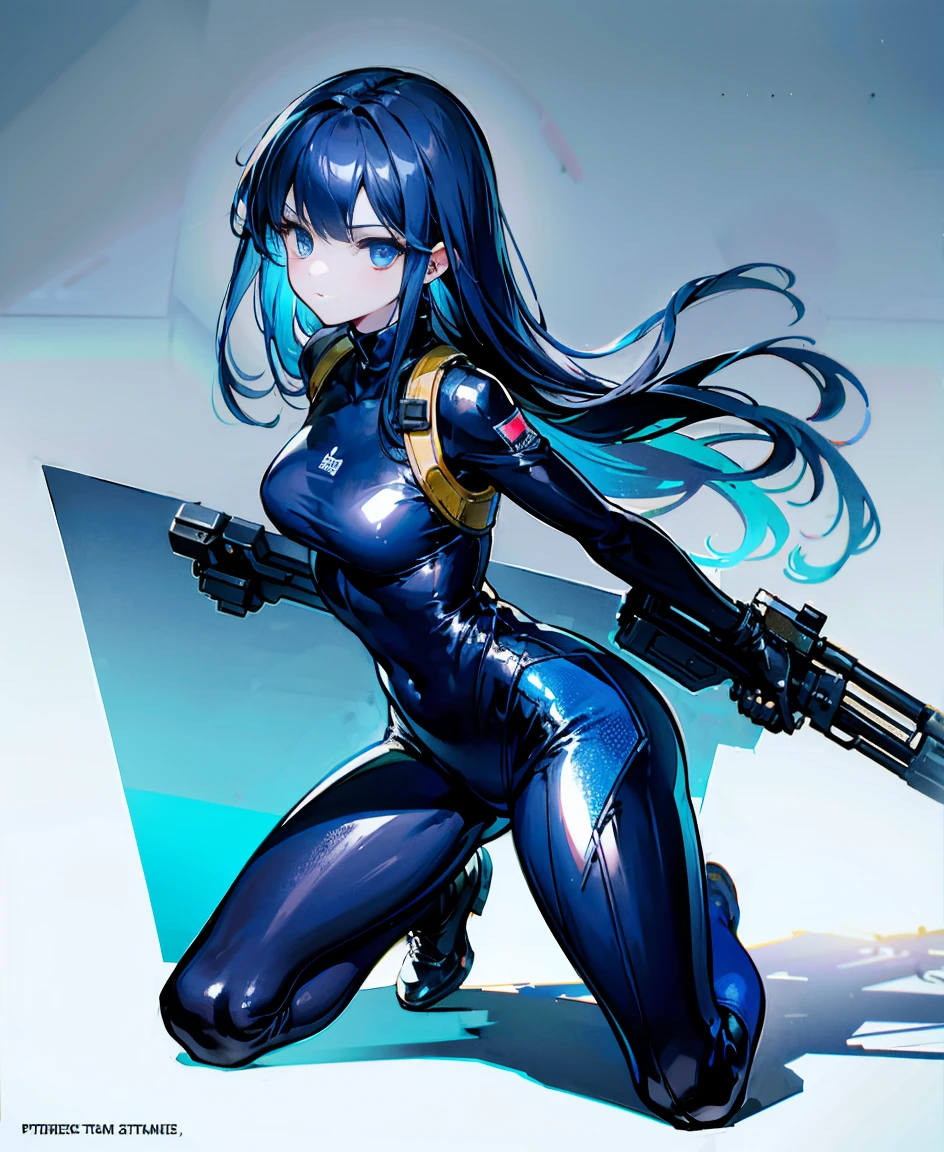There is no background,girl,Carry a firearm,Patent leather tight suit,Use of firearms,Navy blue long hair,attention arousal,Blue colored eyes,No gradients