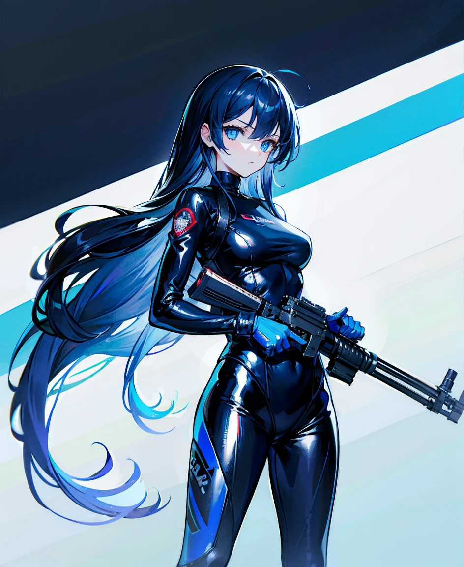 There is no background,girl,Carry a firearm,Patent leather tight suit,Use of firearms,Navy blue long hair,attention arousal,Blue colored eyes,No gradients