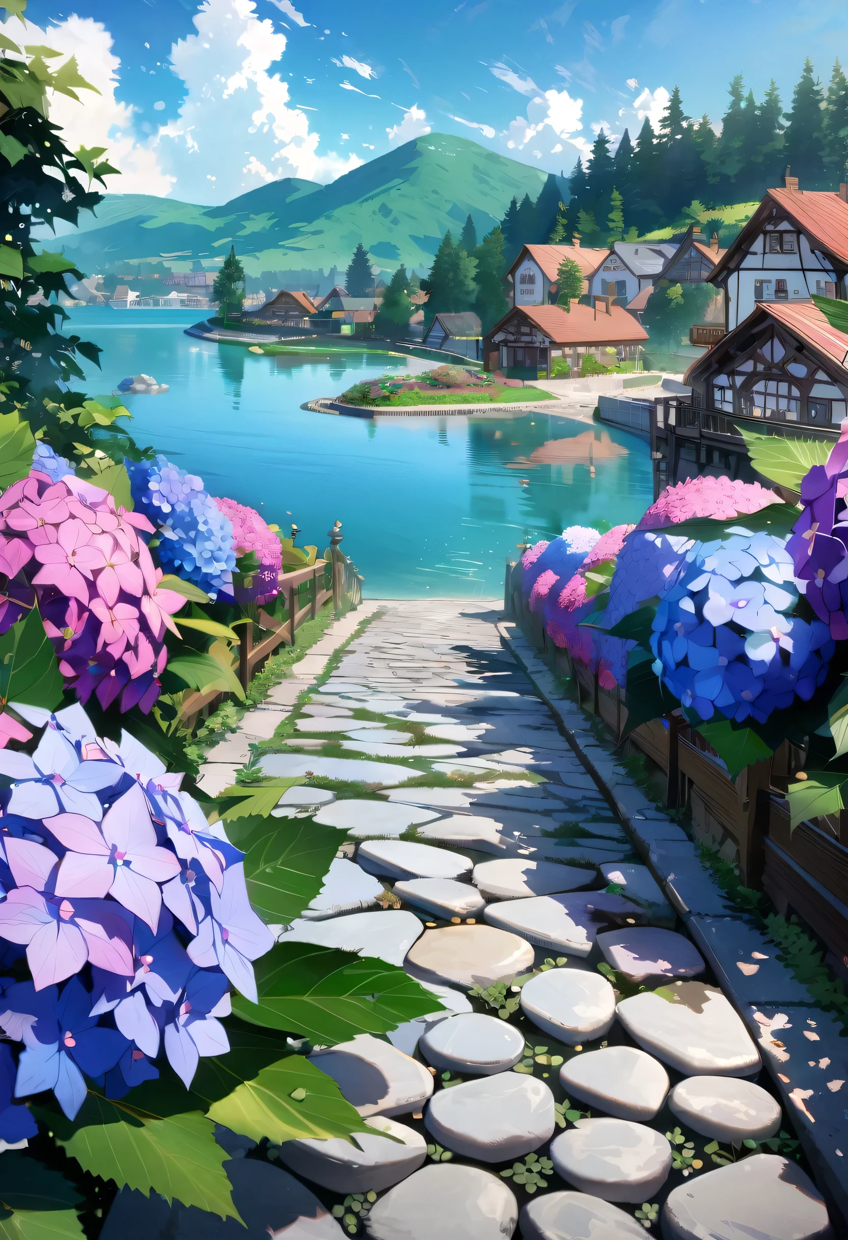 Hydrangea, garden, lake, Small hill, Pebble Road,anime, masterpiece, highest quality, Anatomically correct, Attention to detail, 8k, wallpaper