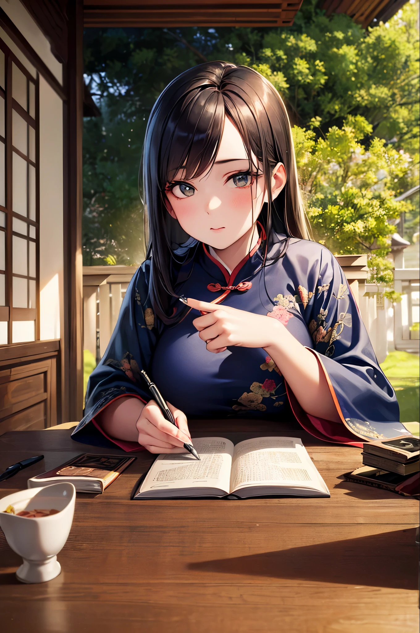 In a quiet night、Photo of a beautiful girl in traditional Chinese dress looking at an ancient Chinese book under a lamp on a low table in an old walled garden,((She holds a pen in her right hand、The left hand is placed on the table)),((masterpiece)),Realistic,4K,Very detailed,((Beautiful big eyes))