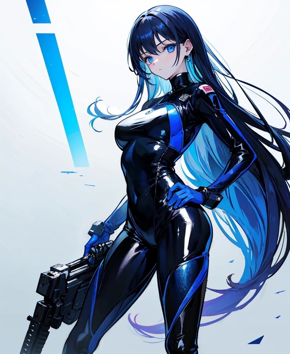 There is no background,girl,Carry a firearm,Patent leather tight suit,Use of firearms,Navy blue long hair,attention arousal,Blue colored eyes,No gradients