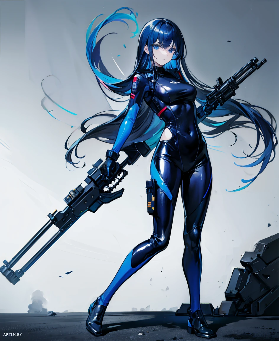 There is no background，girl，Carry a firearm，Patent leather tight suit，Use of firearms，Navy blue long hair，attention arousal，Blue colored eyes,No gradients