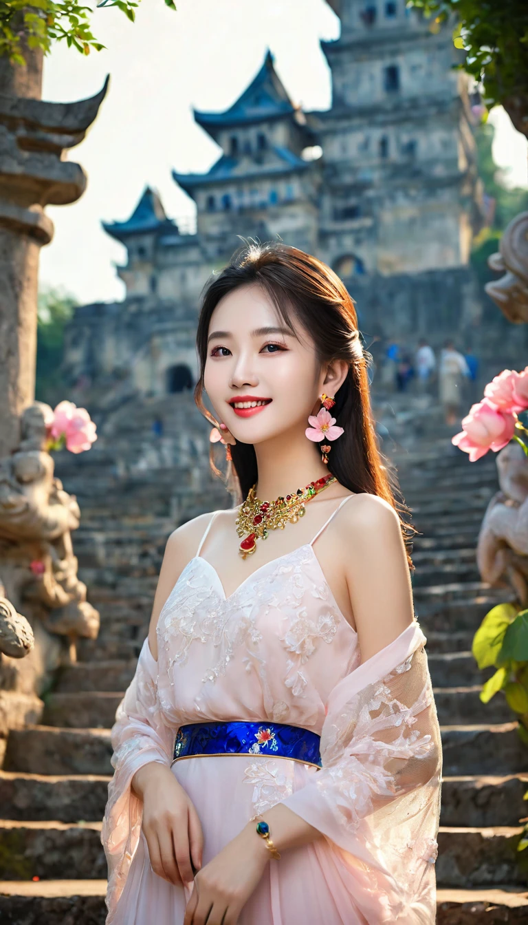 extremely beautiful girl, lovely;
Age from 18-20 years old;
Perfectly balanced face, đẹp đến từng detail, ((focus on the face));
môi quyến rũ, ((light pink lipstick, shadow));
Bright smile, beautiful white teeth;
The girl&#39;s body is full of youth, Tighten clothes;
wearing ruby earrings, Gold bracelet encrusted with precious stones, gold mesh emerald necklace, lapis lazuli belt, Diamonds attached to clothes;
wear thin silk shirts, embroidered with delicate brocade flower motifs, motley, mystical;
Masterpiece photo, Non-NSFW photo quality, 24K CG HD, high solution, Super nice graphics, professional, detail, colourful, advanced techniques, ảnh RAW chân thực, High resolution;
The lighting is intricately coordinated, Use black gold rays;
film art photo style, colorful, visual attraction;
((Portrait photo of a girl standing on the steps of an ancient castle, many huge statues, The ancient tower creates a super magical atmosphere, fresh flower garden));