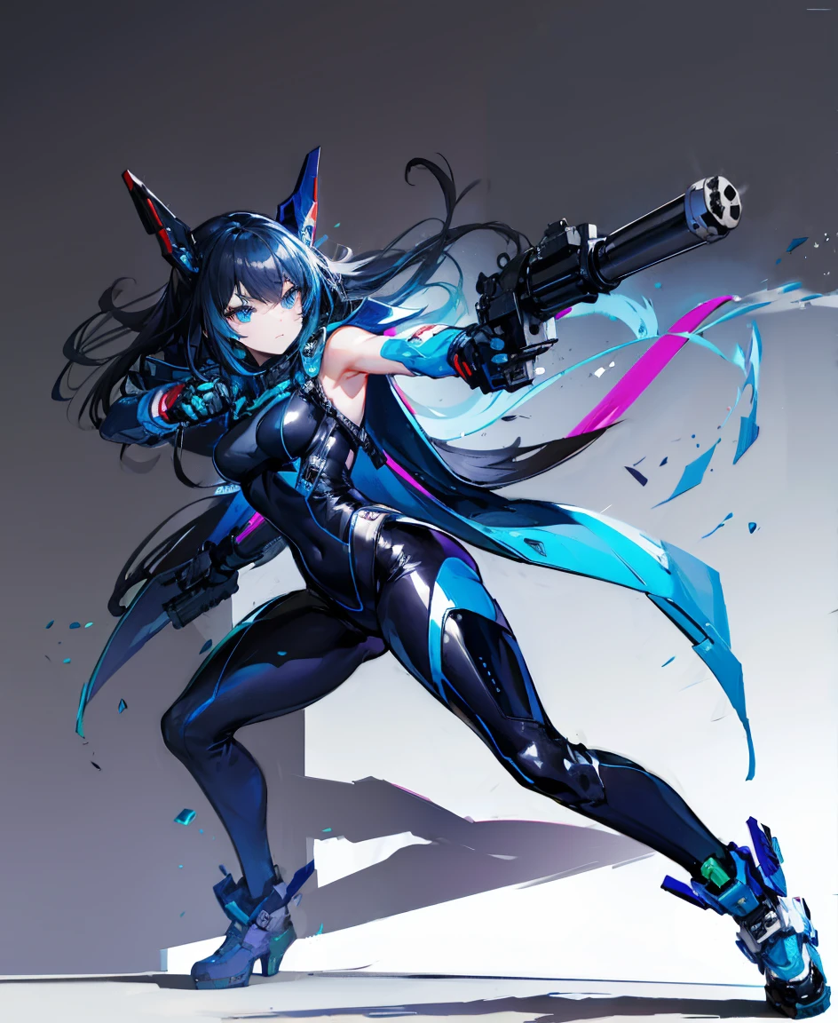 There is no background，girl，Carry a firearm，Patent leather tight suit，Use of firearms，Navy blue long hair，attention arousal，Blue colored eyes,No gradients