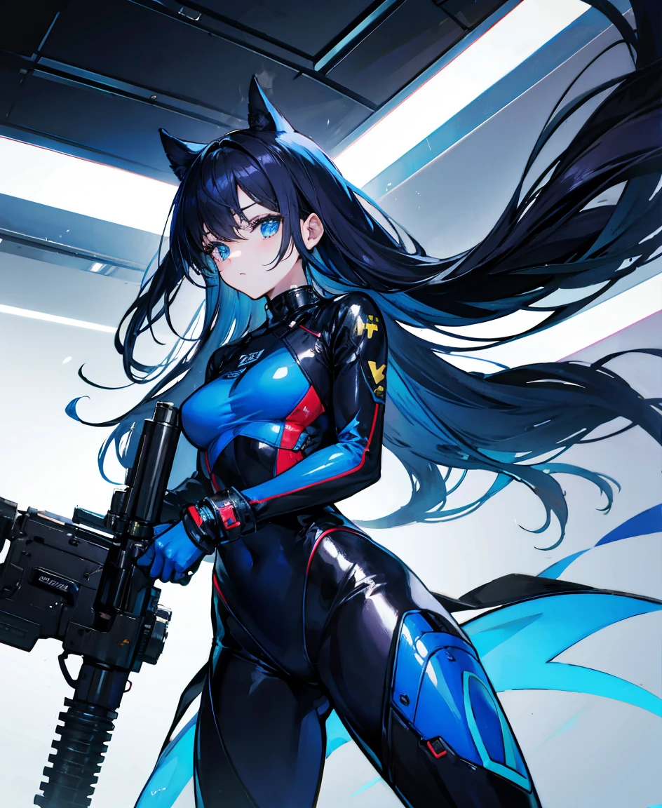 There is no background,girl,Carry a firearm,Patent leather tight suit,Use of firearms,Navy blue long hair,attention arousal,Blue colored eyes,No gradients