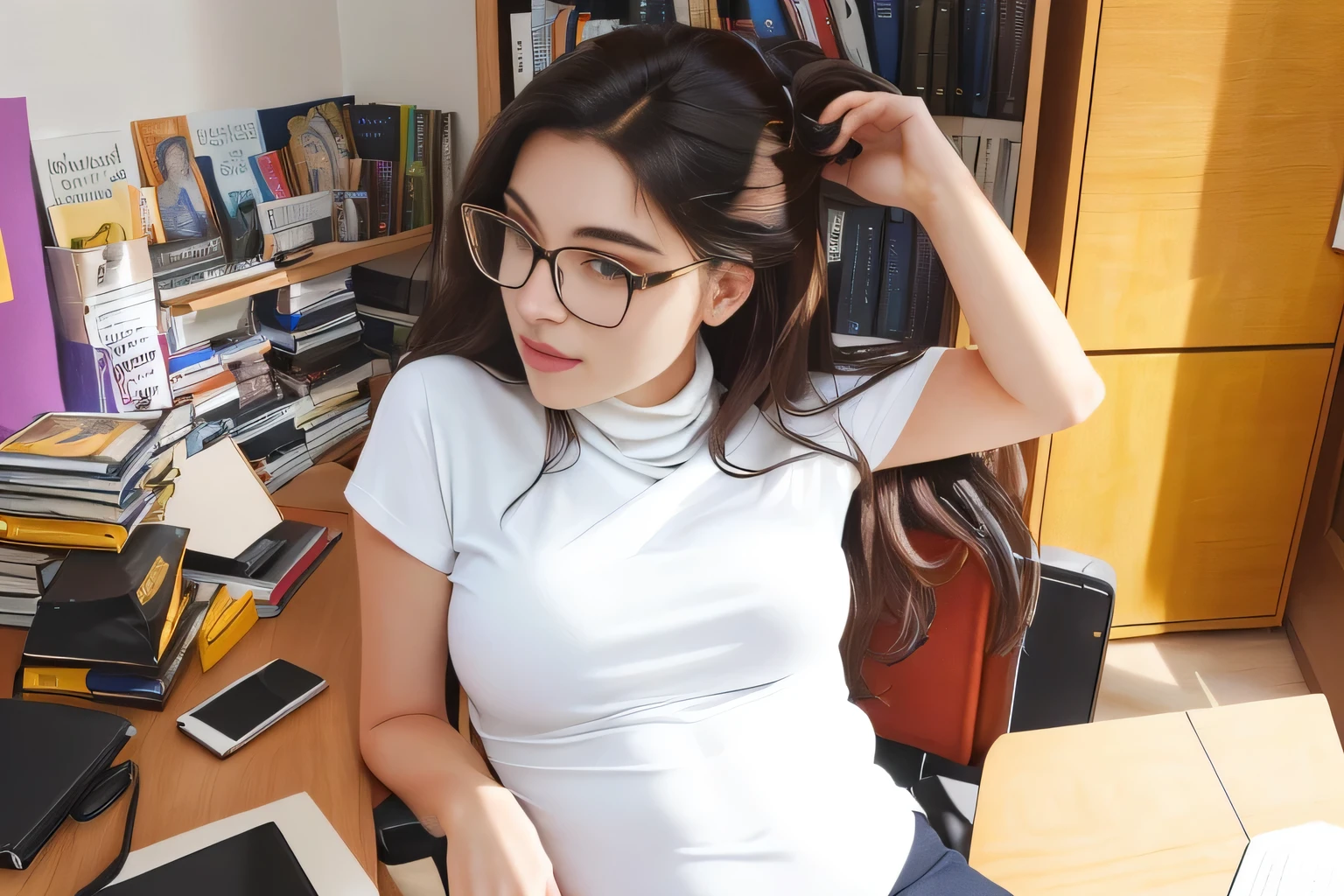 The image shows a woman sitting at a table with her hand on her head, possibly fixing her hair or scratching her head. She wears glasses and has dark hair. In front of her on the desk are several items, including what appears to be a laptop, a cell phone, and some books, papers, and electronic devices, indicating an active workspace. Behind her, a bookshelf filled with numerous books adds to the intellectual atmosphere of the room. The background suggests an indoor environment with shelves full of books and other objects, creating a cluttered appearance.

The woman is wearing a white turtleneck t-shirt.

A beautiful woman, with white skin and dark brown hair. She is about 45 years old, 165 cm tall and weighs 56 kg. She has a perfect mouth, medium breasts, a perfect face. Her body exudes glamor and her face is a definition of beauty. Slender body, thin waist. Highly realistic, hyperrealism, very elaborate skin. Clear photo, high resolution, high quality, masterpiece, 16K photo, high contrast, masterpiece, NUDE, NUDITY, NFSW