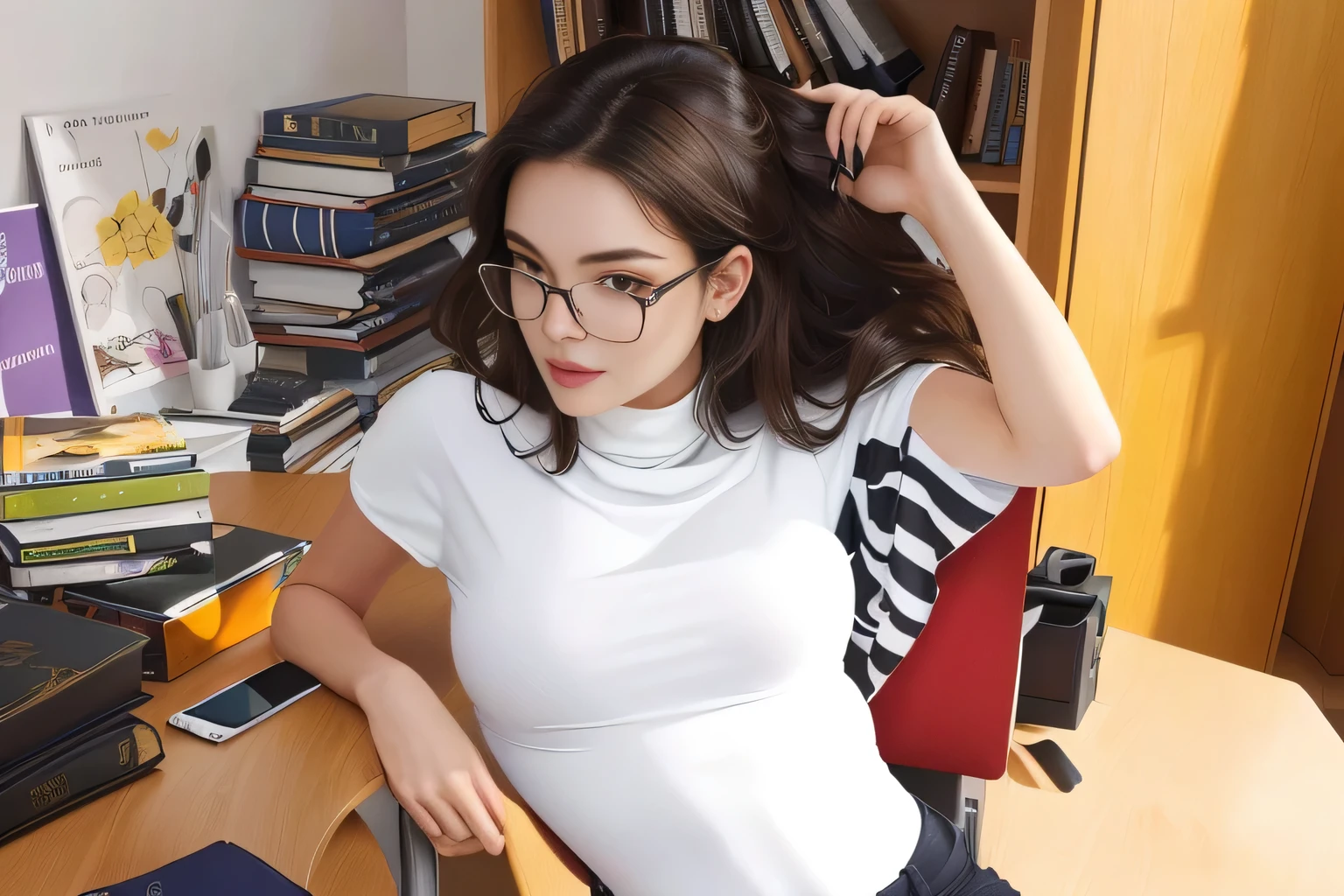 The image shows a woman sitting at a table with her hand on her head, possibly fixing her hair or scratching her head. She wears glasses and has dark hair. In front of her on the desk are several items, including what appears to be a laptop, a cell phone, and some books, papers, and electronic devices, indicating an active workspace. Behind her, a bookshelf filled with numerous books adds to the intellectual atmosphere of the room. The background suggests an indoor environment with shelves full of books and other objects, creating a cluttered appearance.
The woman is wearing a white turtleneck t-shirt.
A beautiful woman, with white skin and dark brown hair. She is about 45 years old, 165 cm tall and weighs 56 kg. She has a perfect mouth, medium breasts, a perfect face. Her body exudes glamor and her face is a definition of beauty. Slender body, thin waist. Highly realistic, hyperrealism, very elaborate skin. Clear photo, high resolution, high quality, masterpiece, 16K photo, high contrast, masterpiece, NUDE, NUDITY, NFSW