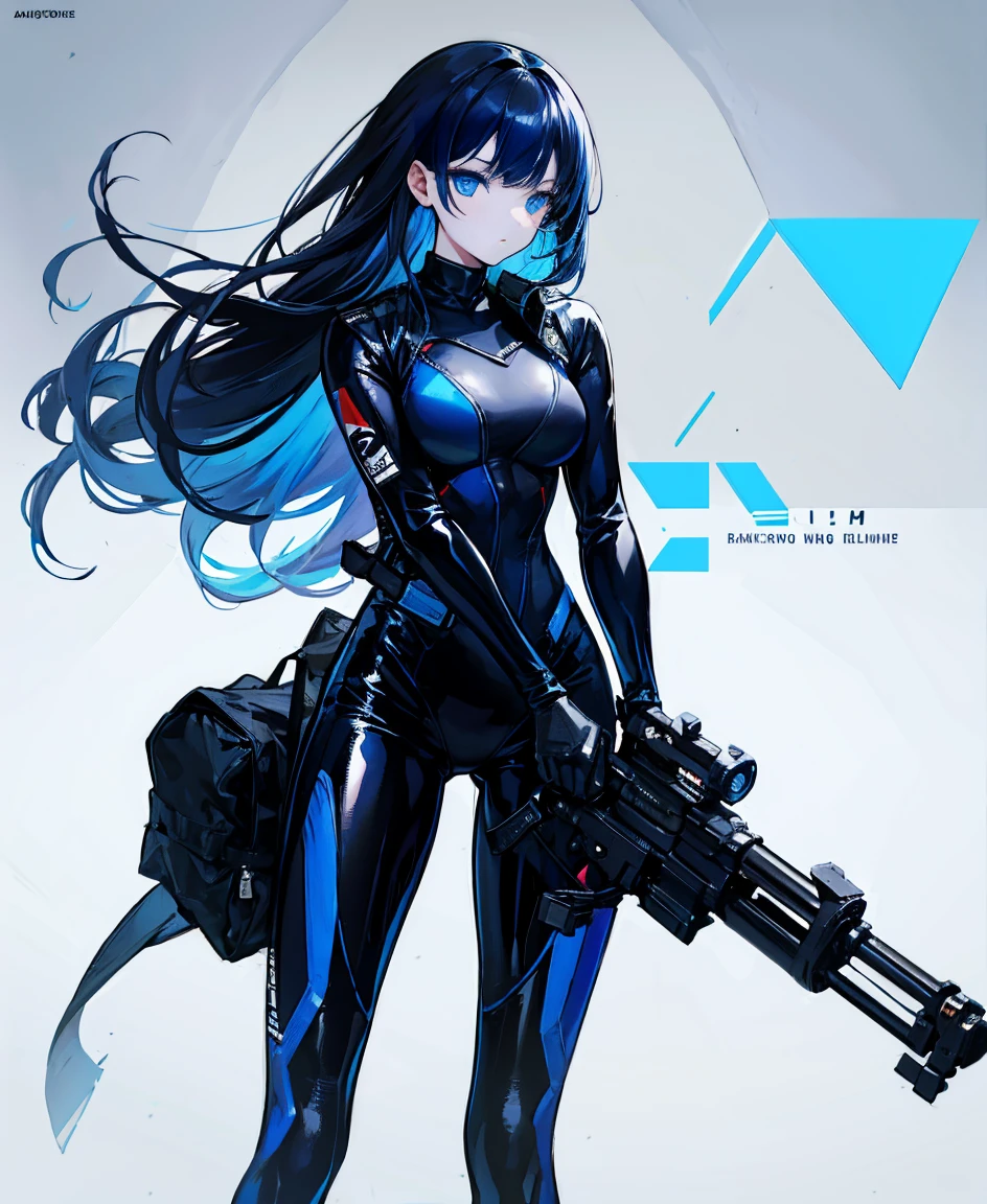 There is no background,girl,Carry a firearm,Patent leather tight suit,Use of firearms,Navy blue long hair,attention arousal,Blue colored eyes,No gradients