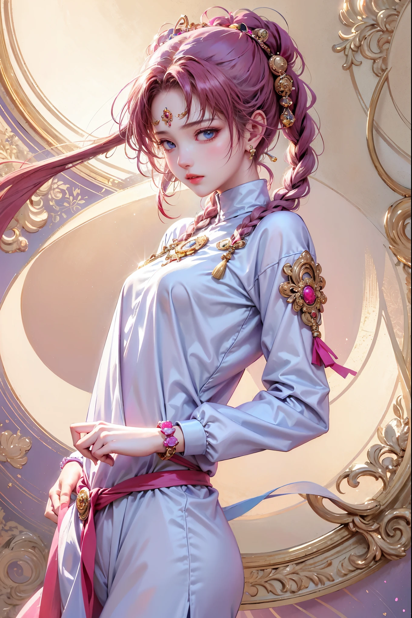 best quality, super fine, 16k, incredibly absurdres, extremely detailed, delicate, flashy and dynamic depiction, a wonderful painting reflected in your eyes, mysterious world. She's a dancer, pink and blue Kanekalon African braids her cool, slightly baggy yellow and red intricate tracksuit.
