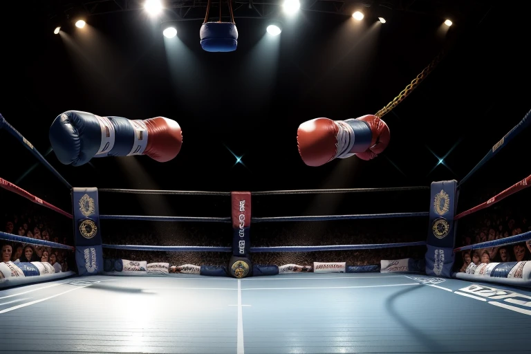 boxe ring with lights and ropes, boxe ring sol blanc coin bleu et sol blanc sol, fond d' Boardwalk Hall Atlantic City, Ring de boxe avec le sol blanc et les coins bleus, scene background Boardwalk Hall d'Atlantic City, toile de fond Boardwalk Hall Atlantic City, écran centrale au dessus du ring comme au Boardwalk Hall in a boxe ring, boxe, boxe match, scene, projecteur, barre d'background, spot et projecteur au plafond fond dramatique, atmospheric perspective, full light, 8k, super detail, best quality, masterpiece