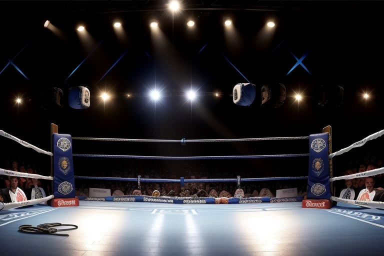 boxe ring with lights and ropes, boxe ring sol blanc coin bleu et sol blanc sol, fond d' Boardwalk Hall Atlantic City, Ring de boxe avec le sol blanc et les coins bleus, scene background Boardwalk Hall d'Atlantic City, toile de fond Boardwalk Hall Atlantic City, écran centrale au dessus du ring comme au Boardwalk Hall in a boxe ring, boxe, boxe match, scene, projecteur, barre d'background, spot et projecteur au plafond fond dramatique, atmospheric perspective, full light, 8k, super detail, best quality, masterpiece