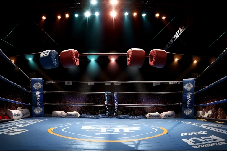 boxe ring with lights and ropes, boxe ring sol blanc coin bleu et sol blanc sol, fond d' Boardwalk Hall Atlantic City, Ring de boxe avec le sol blanc et les coins bleus, scene background Boardwalk Hall d'Atlantic City, toile de fond Boardwalk Hall Atlantic City, écran centrale au dessus du ring comme au Boardwalk Hall in a boxe ring, boxe, boxe match, scene, projecteur, barre d'background, spot et projecteur au plafond fond dramatique, atmospheric perspective, full light, 8k, super detail, best quality, masterpiece