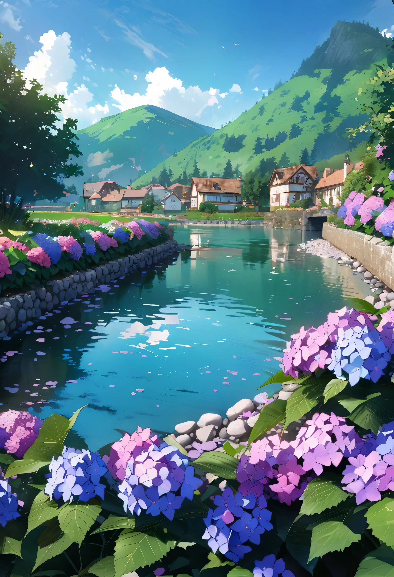 Hydrangea, garden, lake, Small hill, Pebble Road,anime, masterpiece, highest quality, Anatomically correct, Attention to detail, 8k, wallpaper