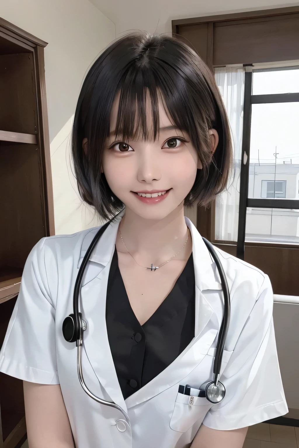 205  ((short hair)), 20-year-old female, Surrealism, Flower Smile、Gums are visible、Beautiful teeth alignment、Black Hair、ear piercing、Necklace around the neck、White、Nurse uniform、Stethoscope、Smiling with teeth showing、The background is in the room、