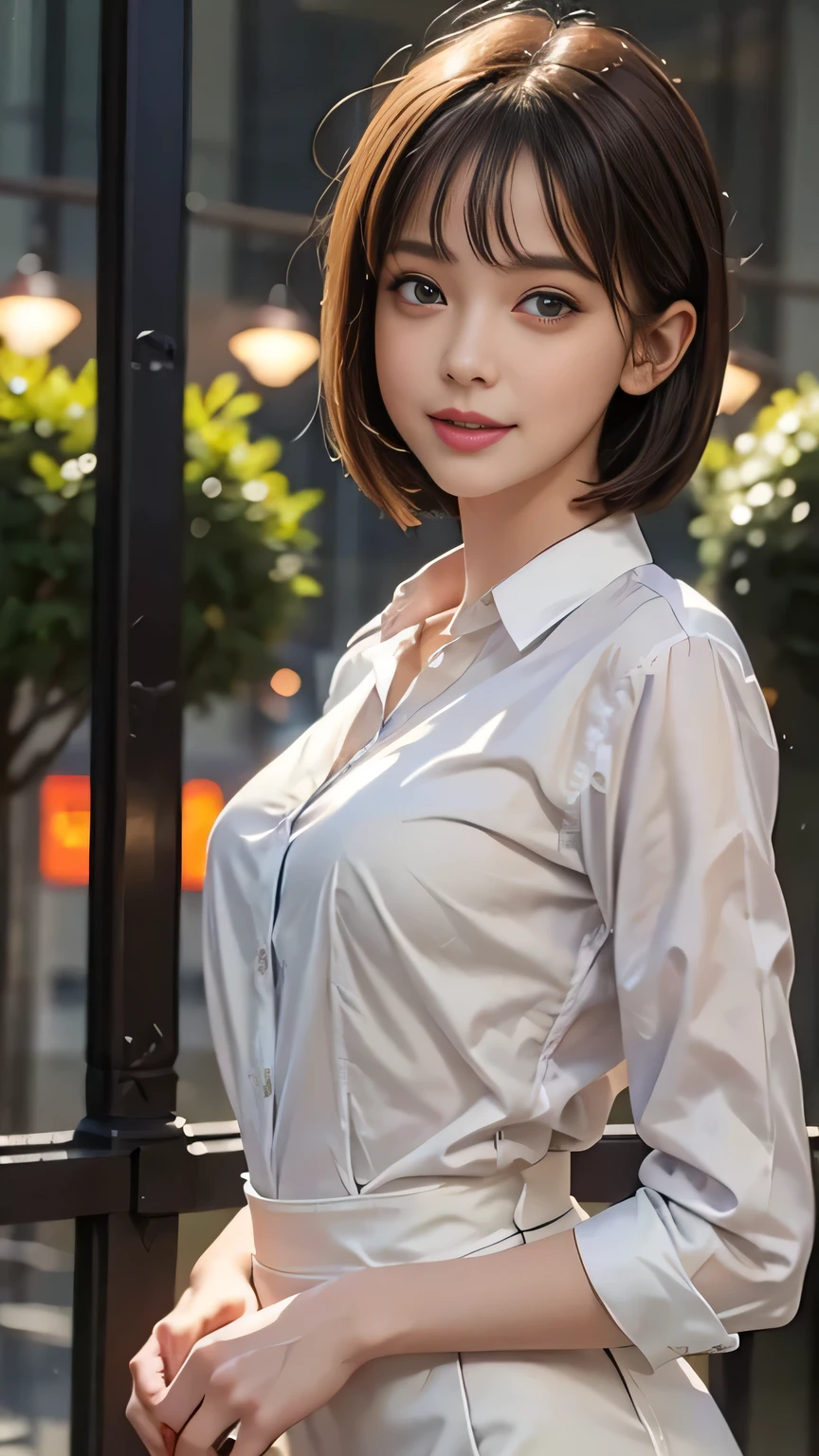 (8k, highest quality, masterpiece: 1.2), (Realistic, photoRealistic: 1.37), Very detailed, 1 girl, 17 years old, alone, small breasts, Beautifully detailed skies, Detailed Cafe, night, (blush), (smile: 1.15), (Mouth closed), small, (Collared shirt: 1.1), night, Wet, Office Clothes, rain, White lace, (short hair: 1.2), Floating hair NovaFrogStyle, Random sexy poses,