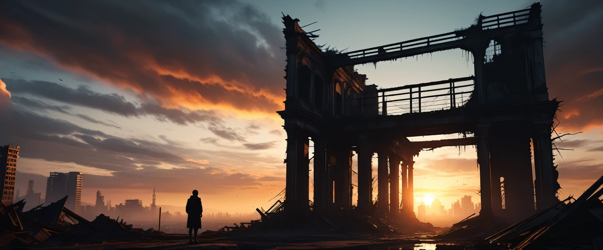 cinematic apocalyptic cityscape, dramatic sunset, ruined structures, silhouette of a lone figure, pensive mood, desaturated colors, detailed digital painting, intricate details, highly realistic, 8k, photorealistic, cinematic lighting, moody atmosphere, epic scale, masterpiece