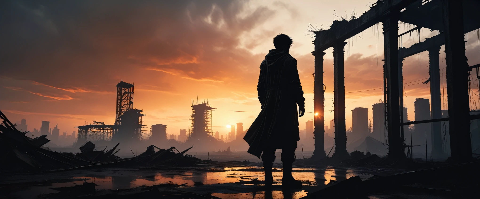 cinematic apocalyptic cityscape, dramatic sunset, ruined structures, silhouette of a lone figure, pensive mood, desaturated colors, detailed digital painting, intricate details, highly realistic, 8k, photorealistic, cinematic lighting, moody atmosphere, epic scale, masterpiece