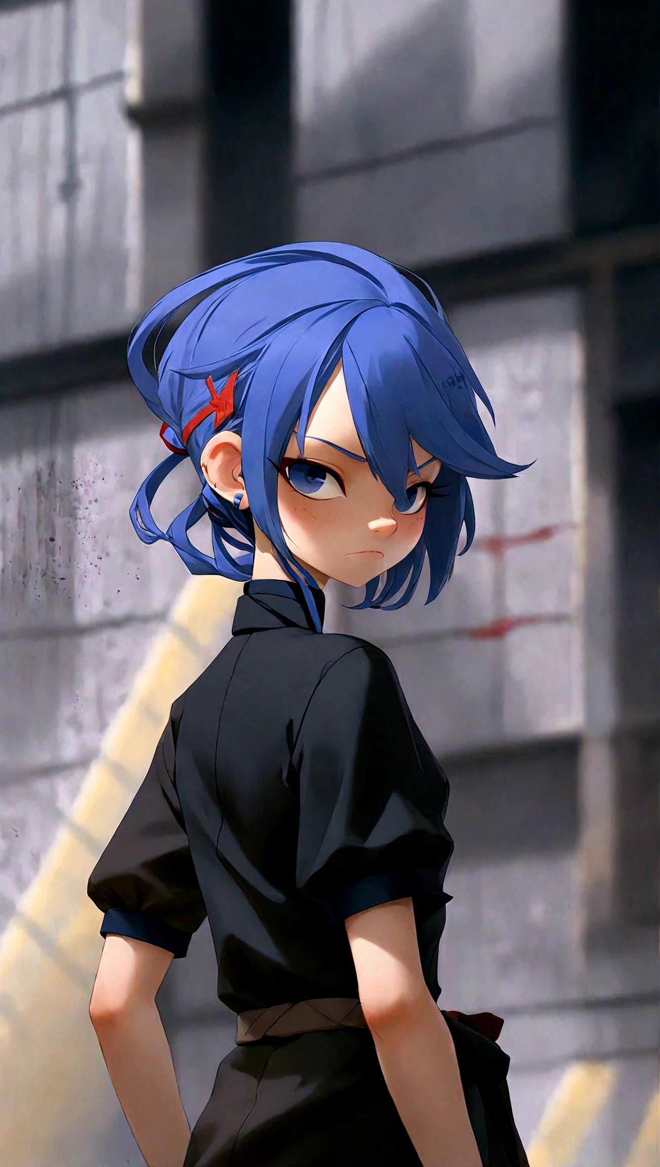 Cloth, Cover your eyes,用丝带Cover your eyes, ((Not blindfolded,))black, black透明裙子,Long blue hair,In an abandoned factory, dark,Album，Art Books, game_CG, realistic, photo, real,, masterpiece, best quality,short hair，cool
