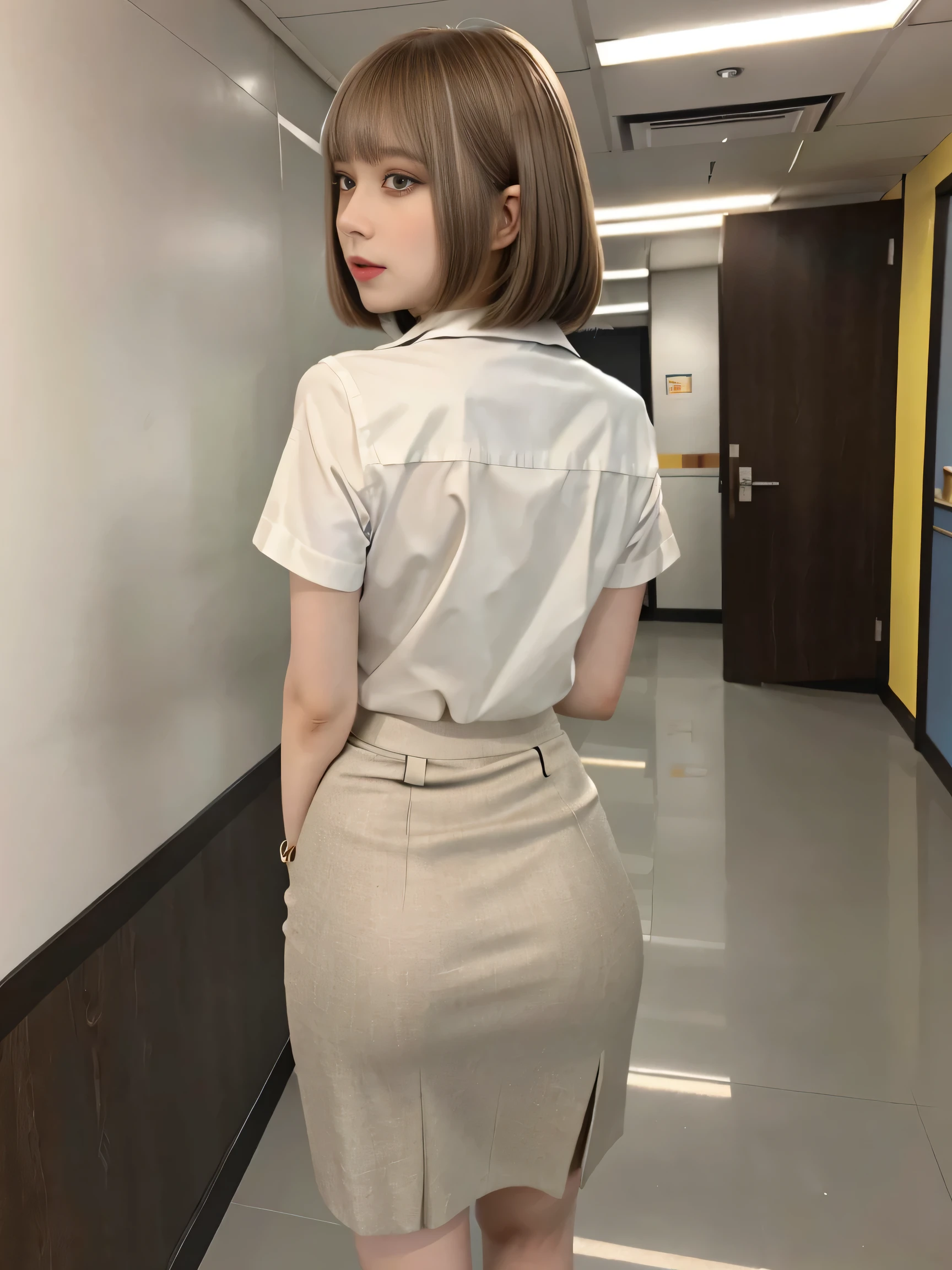 Beautiful white and shining skin、Chestnut-colored hair that changes with the light、Long bangs between the eyes that block vision、Cheek highlighter、Small Face Beauty、Golden Ratio、One girl、solo、(Full Body Shot:1.3)、(Slender and beautiful girl)、(Small waist)、(Woman in detailed pencil skirt and collared shirt:1.4)、(office lady)、Office Suits、High heels、(Bobcut:1.3)、short hair、(Medium breast、Slim butt:1.3)、Office Room、(From behind、Buckshot:1.3)、Stick your butt out、View Viewer、From below、(cute)、(Slit Skirt:1.1)、