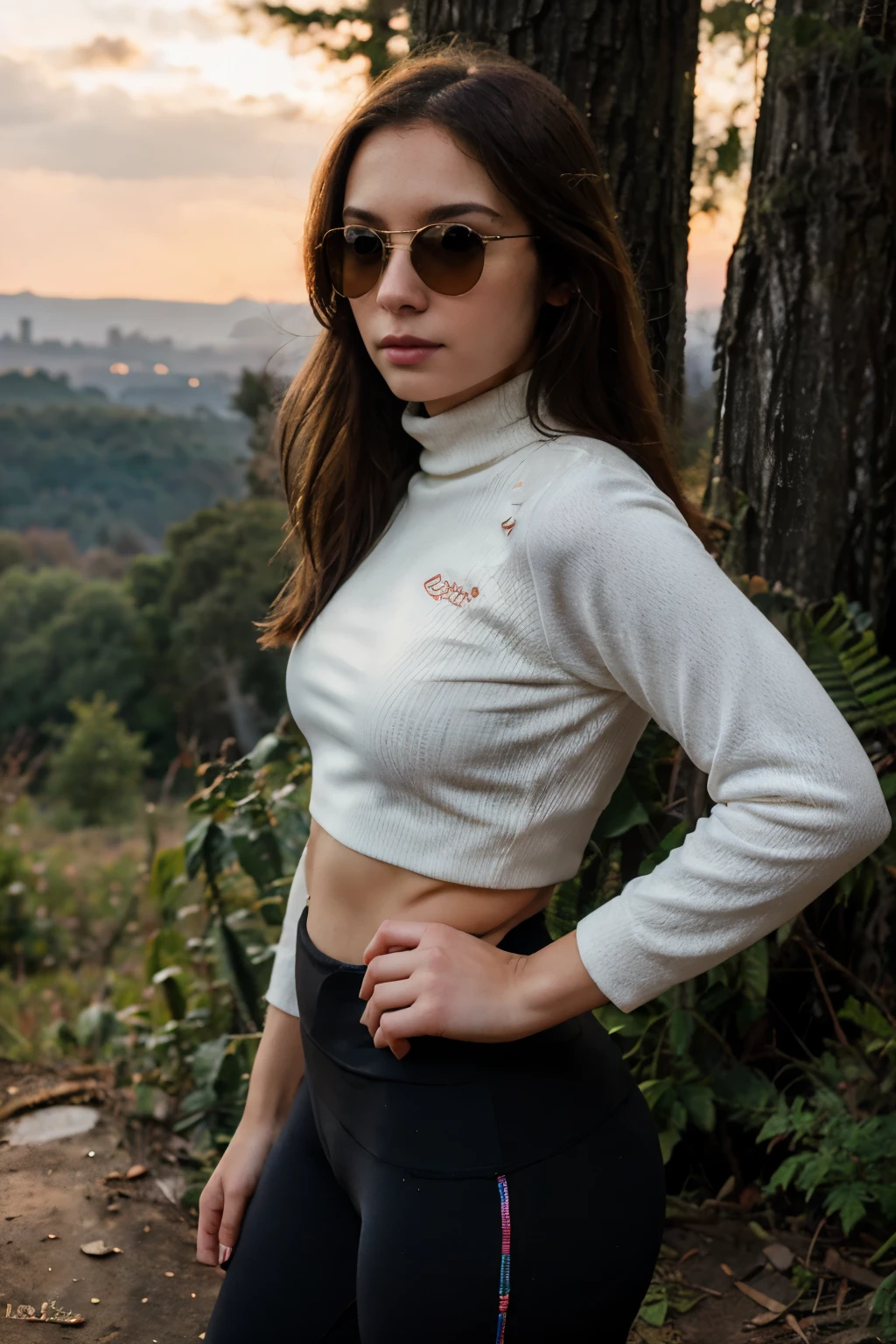 headshot, 1girl, beautiful, sunset, beautiful sunset, cloudy, forest, nature hike,BREAK
tight yoga pants, lace (turtleneck) sports bra, aviator glasses, BREAK
makeup, straight hair, pale skin, fair skin, white skin, BREAK