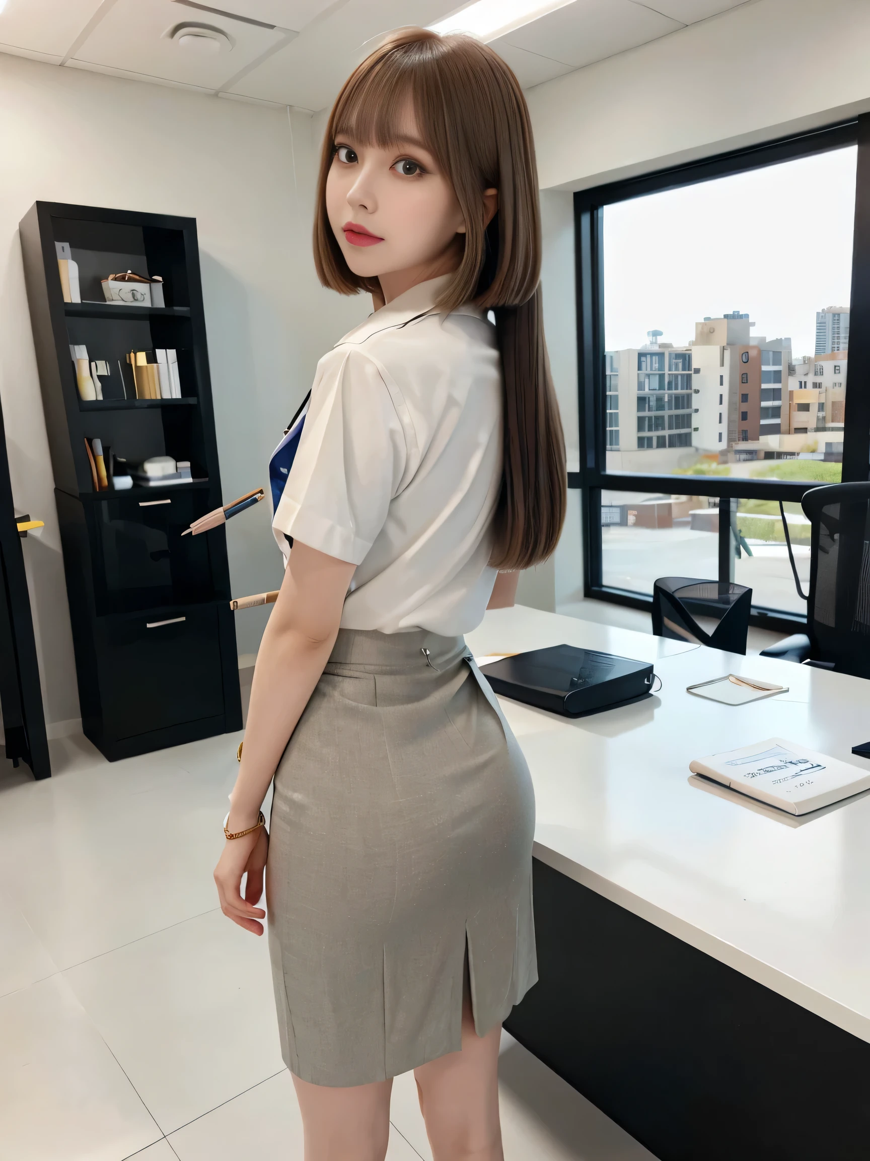 Beautiful white and shining skin、Chestnut-colored hair that changes with the light、Long bangs between the eyes that block vision、Cheek highlighter、Small Face Beauty、Golden Ratio、One girl、solo、(Full Body Shot:1.3)、(Slender and beautiful girl)、(Small waist)、(Woman in detailed pencil skirt and collared shirt:1.4)、(office lady)、Office Suits、High heels、(Bobcut:1.3)、short hair、(Medium breast、Slim butt:1.3)、Office Room、(From behind、Buckshot:1.3)、Stick your butt out、View Viewer、From below、(cute)、(Slit Skirt:1.1)、