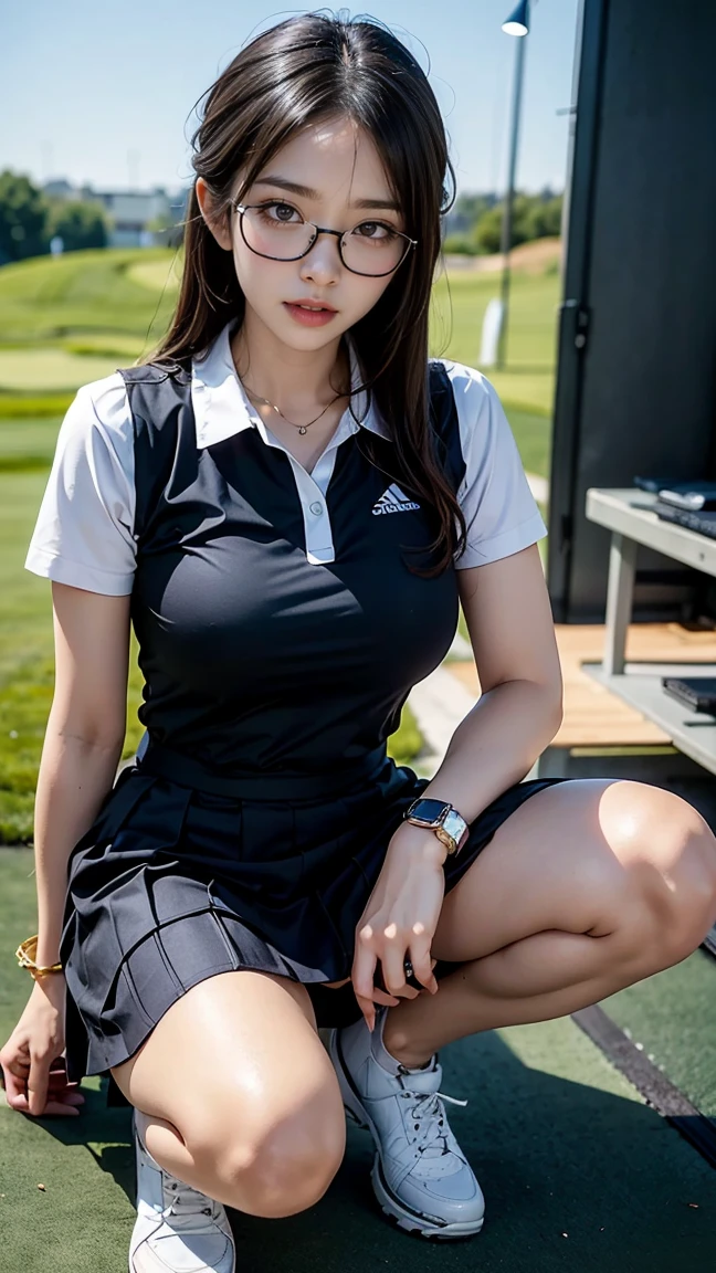 Beautiful Japanese woman in golf wear, Real person, Detailed body, squat, Live Action, Glasses, Skirt flip, office lady