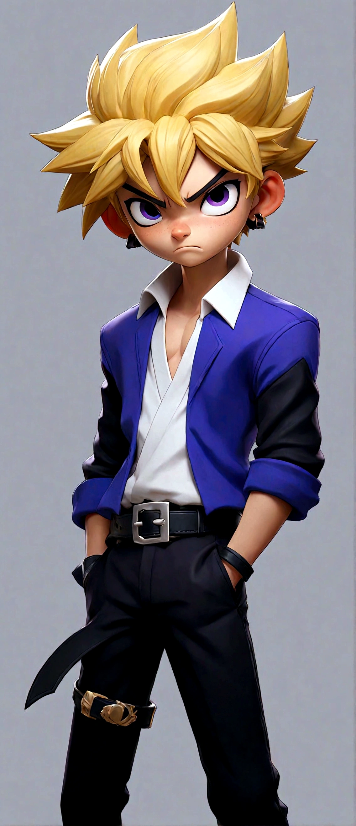 Solitary, looking at the audience, Bangs, Blonde Hair, Simple background, shirt, Black Hair, Long sleeve, 1 boy, Shut up, permanent, Purple Eyes, collarbone, Jacket, Purple Hair, Male focus, Colorful hair, Open clothes, Necklace, belt, Pants, collar, open Jacket, black shirt, frown, Spiked Hair, blue Jacket, black background, Clenched hands, Buckle up, black belt, belt Buckle up, blue Pants, black collar, dyed Bangs