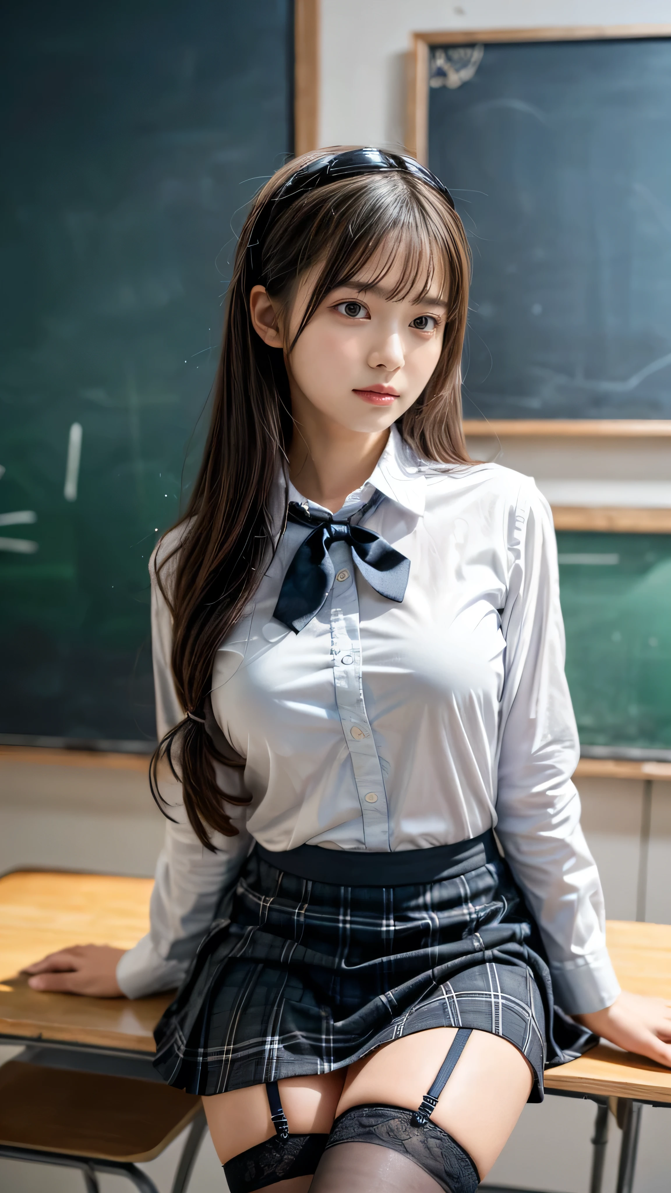 Pieces fly, highest quality, figure, Very detailed, Fine details, High resolution, 8k,wallpaper, Perfect dynamic composition,(Detailed high quality, Realistic depiction of eyes:1.3), From the side, (White school shirt :1.2), (Checked skirt :1.3), Black tie, Black thigh-high stockings, Are standing, Leg spread, Short Bob Hair, In the classroom, Background blackboard, Deep in the field, Large Breasts, Black hair color, Big Natural Color Lip, (Perfect figure), Crying a little、Cold Stare, Harajuku Style、20-year-old girl、Cute type、Lolita、Beautiful feet, Idol Sculpture