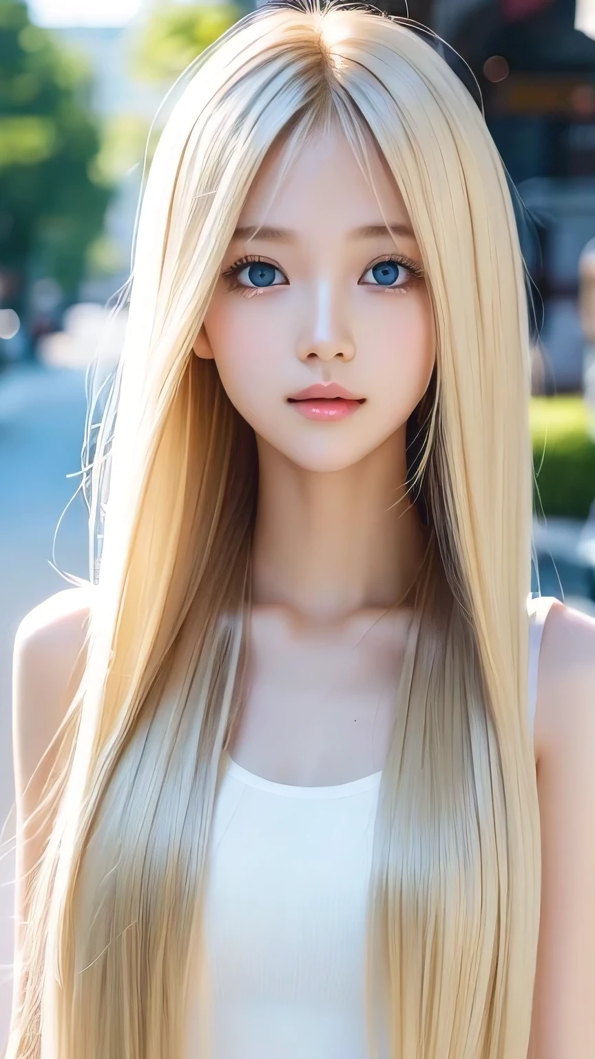 Shiny, clear, white skin、The blonde hair blowing in the wind falls over her pretty face、Colossal、Cute aged 16、Beautiful super long straight hair that stands out、Very bright, big eyes that shine so beautifully、Cute long silky bangs covering her eyes, Hair that covers the face, super long hair、Sexy cute young woman、Long natural blonde shiny hair、Small Face Beauty、Round face