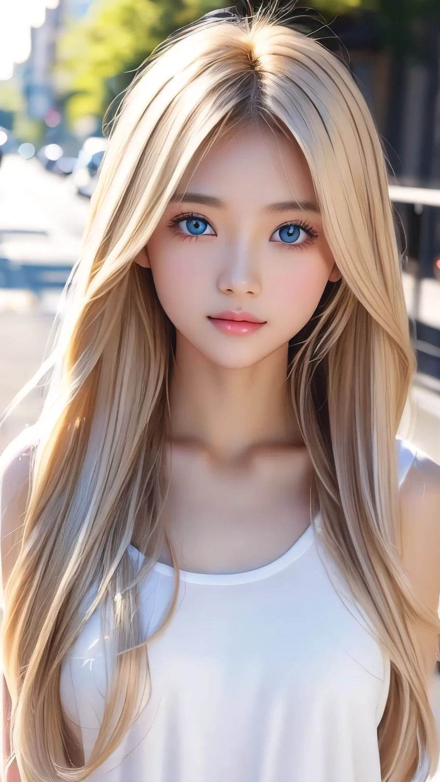 Shiny, clear, white skin、The blonde hair blowing in the wind falls over her pretty face、Colossal、Cute  aged 16、Beautiful super long straight hair that stands out、Very bright, big eyes that shine so beautifully、Cute long silky bangs covering her eyes, Hair that covers the face, super long hair、Sexy cute young woman、Long natural blonde shiny hair、Small Face Beauty、Round face