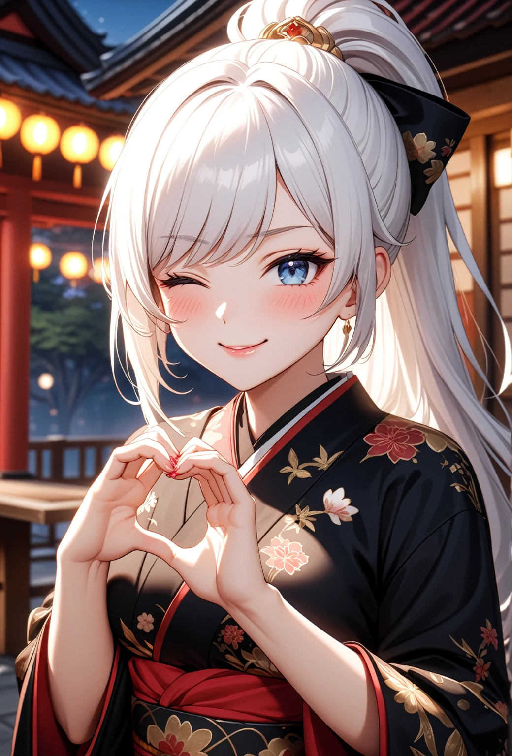((one personの女性)), Beautiful Face,Laugh shyly,((Wink:2.0)),,turn bright red,Glossy pink lips,night,Japanese-style room of the shrine,firework,((Anime style background)),masterpiece, highest quality, so beautiful, Latest, Complex details, (Pink long nails),AI-generated, Complex,High resolution, highest quality, super high quality,3D Images、View your viewers、3D Images,one person,Long white hair,High Ponytail,blue eyes,Anime woman posing for a photo, [[Fine grain、Colorful eyes、Shining Eyes:1.15]],(Squint your eyes:1.1),a hyperRealistic , hyperRealistic , Realistic,Anime woman with long and white hair, Smooth anime CG art, A woman in a colorful kimono with gold embroidery, (Black kimono),Red floral pattern,Long flower hair ornament,Big earrings,(Big Breasts:1.3),Mature Body,expensive,Big Ass,Fine details,Tight waist,Abdominal muscles,(Face close-up:1.5),(Tilt your face:2.0),Shooting from an angle,(A woman making a heart hand sign with their hands in front of their chest:2.0)