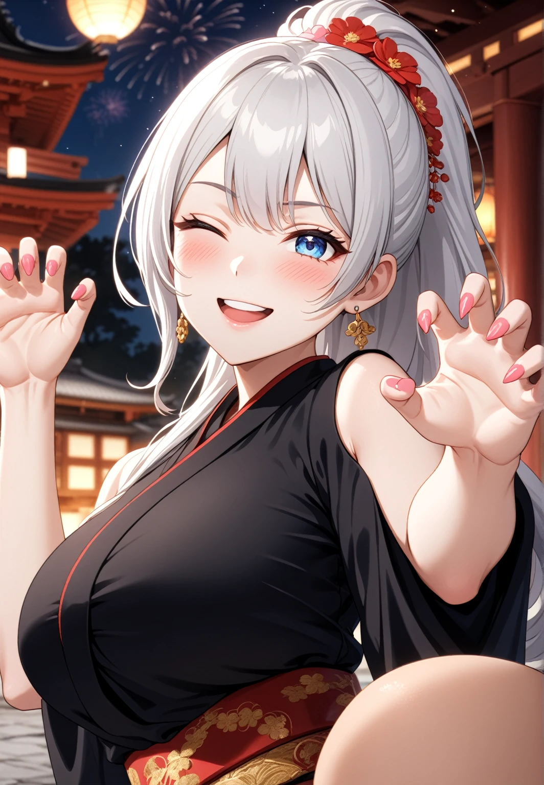 ((one personの女性)), Beautiful Face,Laugh shyly,((Wink:2.0)),Laughing with your mouth open,turn bright red,Glossy pink lips,night,Japanese-style room of the shrine,firework,((Anime style background)),masterpiece, highest quality, so beautiful, Latest, Complex details, (Pink long nails),AI-generated, Complex,High resolution, highest quality, super high quality,3D Images、View your viewers、3D Images,one person,Long white hair,High Ponytail,blue eyes,Anime woman posing for a photo, [[Fine grain、Colorful eyes、Shining Eyes:1.15]],(Squint your eyes:1.1),a hyperRealistic , hyperRealistic , Realistic,Anime woman with long and white hair, Smooth anime CG art, A woman in a colorful kimono with gold embroidery, (Black kimono),Red floral pattern,Long flower hair ornament,Big earrings,(Big Breasts:1.3),Mature Body,expensive,Big Ass,Fine details,Tight waist,Abdominal muscles,(Face close-up:1.5),(Tilt your face:1.8),Shooting from an angle,(claw pose:2.0)