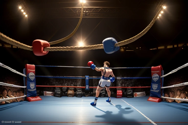 boxe ring with lights and ropes, boxe ring sol blanc coin bleu et sol blanc sol, fond d&#39;  Boardwalk Hall Atlantic City, Ring de boxe avec le sol blanc et les coins bleus, scene background  Boardwalk Hall d'Atlantic City, toile de fond  Boardwalk Hall Atlantic City, écran centrale au dessus du ring comme au  Boardwalk Hall  in a boxe ring,  boxe, boxe match, scene,  projecteur, barre d&#39;background, spot et projecteur au plafond  fond dramatique, atmospheric perspective, glowing light, 8k, super detail, best quality, masterpiece