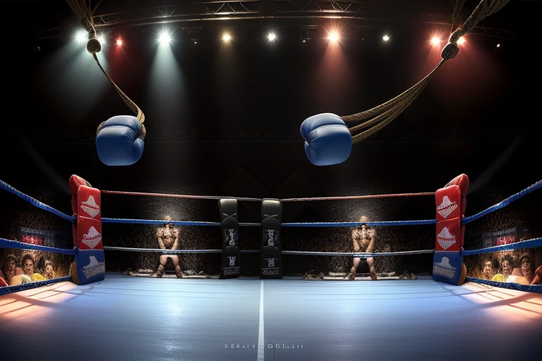boxe ring with lights and ropes, boxe ring sol blanc coin bleu et sol blanc sol, fond d' Boardwalk Hall Atlantic City, Ring de boxe avec le sol blanc et les coins bleus, scene background Boardwalk Hall d'Atlantic City, toile de fond Boardwalk Hall Atlantic City, écran centrale au dessus du ring comme au Boardwalk Hall in a boxe ring, boxe, boxe match, scene, projecteur, barre d'background, spot et projecteur au plafond fond dramatique, atmospheric perspective, glowing light, 8k, super detail, best quality, masterpiece