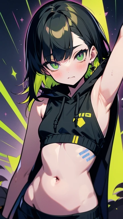 (Vtuber Standing Pictures)、(Standing picture on the front)、Underside_greenarchive, bedazzling eye, exposed Stomach, 露出したbelly button, Naked tummy, length_hair, 前hair, green_eye, black_hair, have, Sleeveless, green_hair, black_Have, belly button, Stomach, Sparkling, Starlight、((Uplifting))、Hoodie、