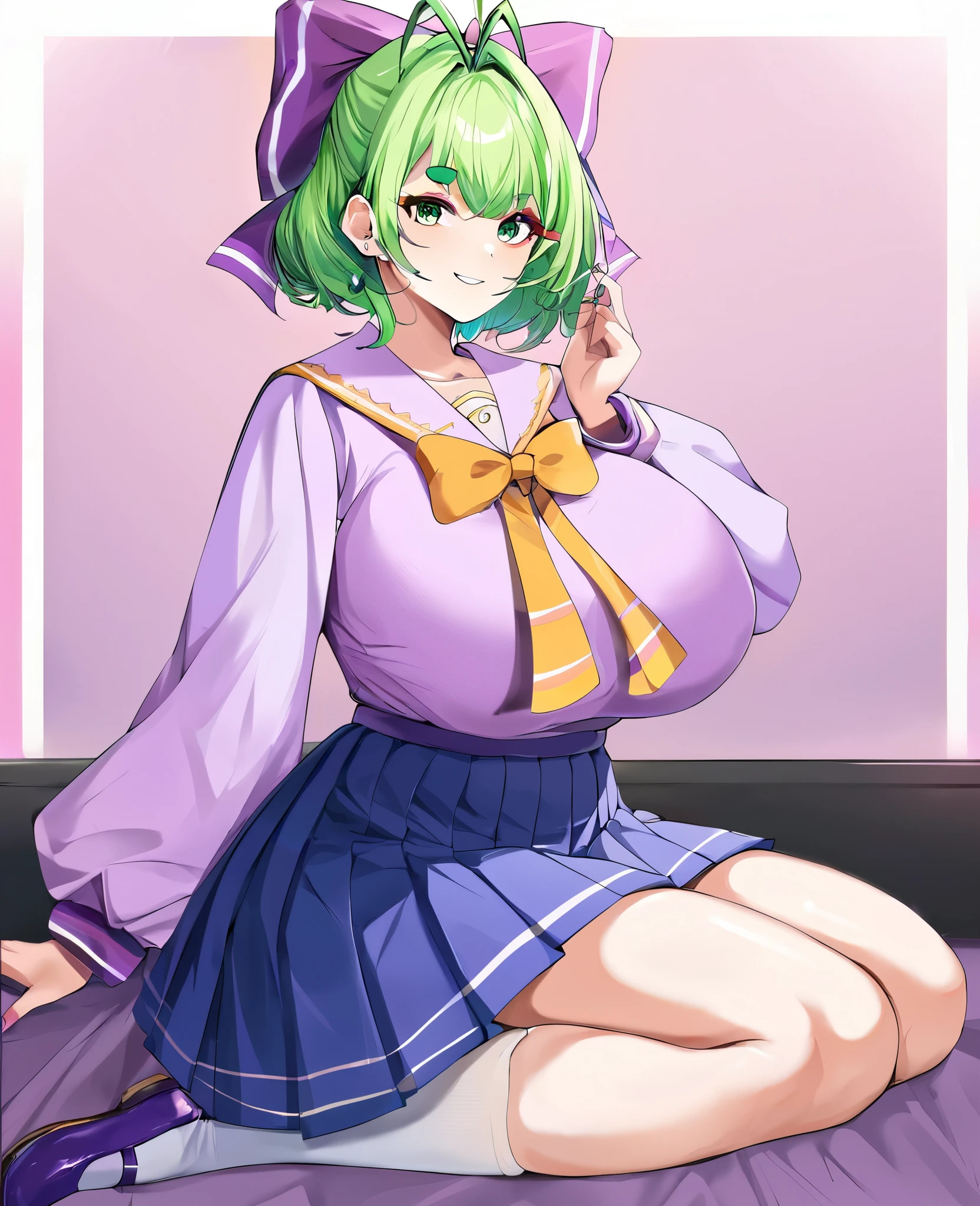 Miss，front，posture，Green short hair，Green Eyes，Purple bow，Blue pleated skirt，White socks，Purple sailor suit，Small leather shoes，Antenna hair，Doudou Eyebrows，Hair rope，permanent，Bangs，HappyGreen Hair Bow Girl Source_Japanese cartoons,woman, ,Fraction9，Fraction_8_rise，Fraction_7_rise，Fraction_6_rise，Fraction_5_rise，Fraction_4_up，Best quality，masterpiece，full，woman臀部，Thick thighs，Huge breasts，Huge ass，Protruding belly，Temptingposture，pviewer，Tempting_smile，