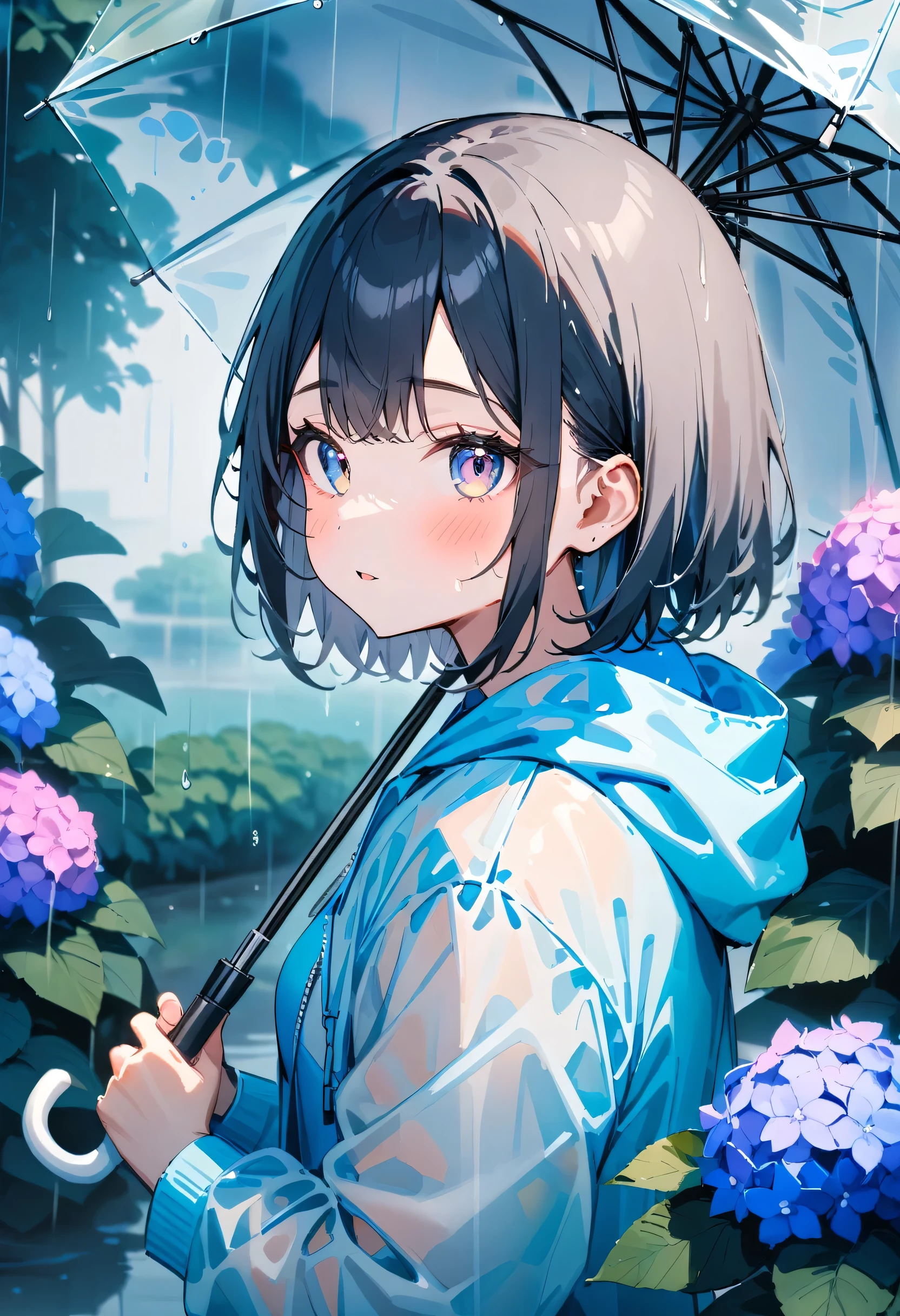 masterpiece, best quality, very aesthetic, absurdres, newest, 1girl, solo, looking at viewer, blush, short hair, bangs, black hair, tareme, unusual colored eyes, Vivid eyes, long sleeves, holding, standing, jacket, upper body, outdoors, parted lips, open clothes, sky, cloud, hood, water, from side, tree, transparent jacket, looking to the side, colored shirts, umbrella, hood down, cloudy sky, hydrangea in the background, hydrangea, reflection, rain, transparent coat, holding umbrella, transparent, transparent umbrella