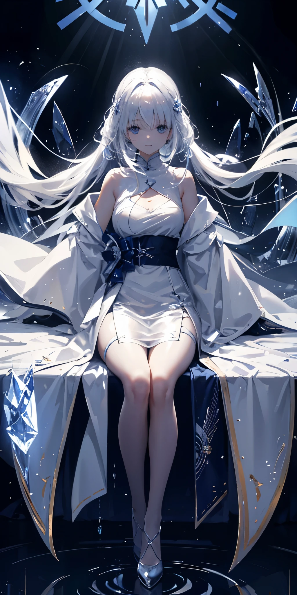 White-haired woman Very long hair、The light shines from above Inside the white castle transparent Glass blue