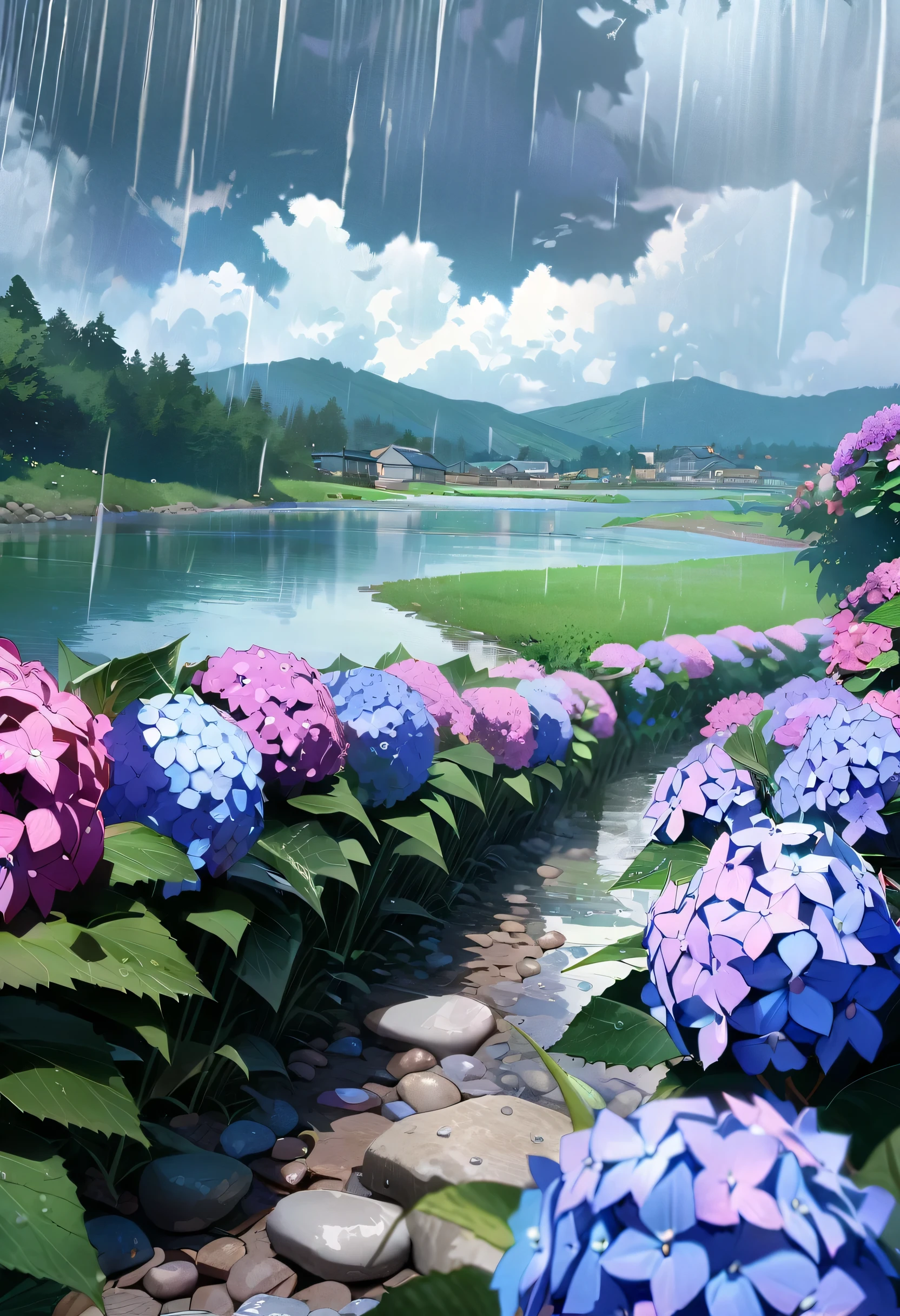 Hydrangea, garden, lake, Small hill, Pebble Road,anime, masterpiece, Rain,Cloudy,highest quality, Anatomically correct, Attention to detail, 8k, wallpaper