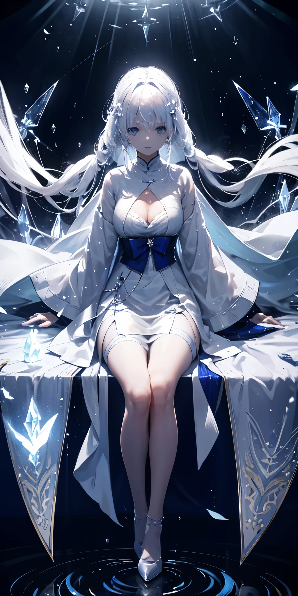 White-haired woman　Very long hair、The light shines from above　Inside the white castle　transparent　Glass　blue