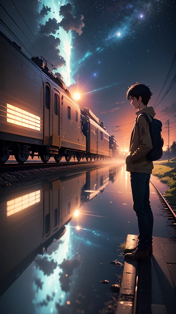 Masterpiece, anime train passing through bodies of water on tracks, bright starry sky. Romantic train, Makoto Shinkai's picture, pixiv, concept art, lofi art style, reflection. by Makoto Shinkai, lofi art, Beautiful anime scene, Anime landscape, detailed scenery —width 672, in style of Makoto shinkai, style of Makoto shinkai, enhanced details.
