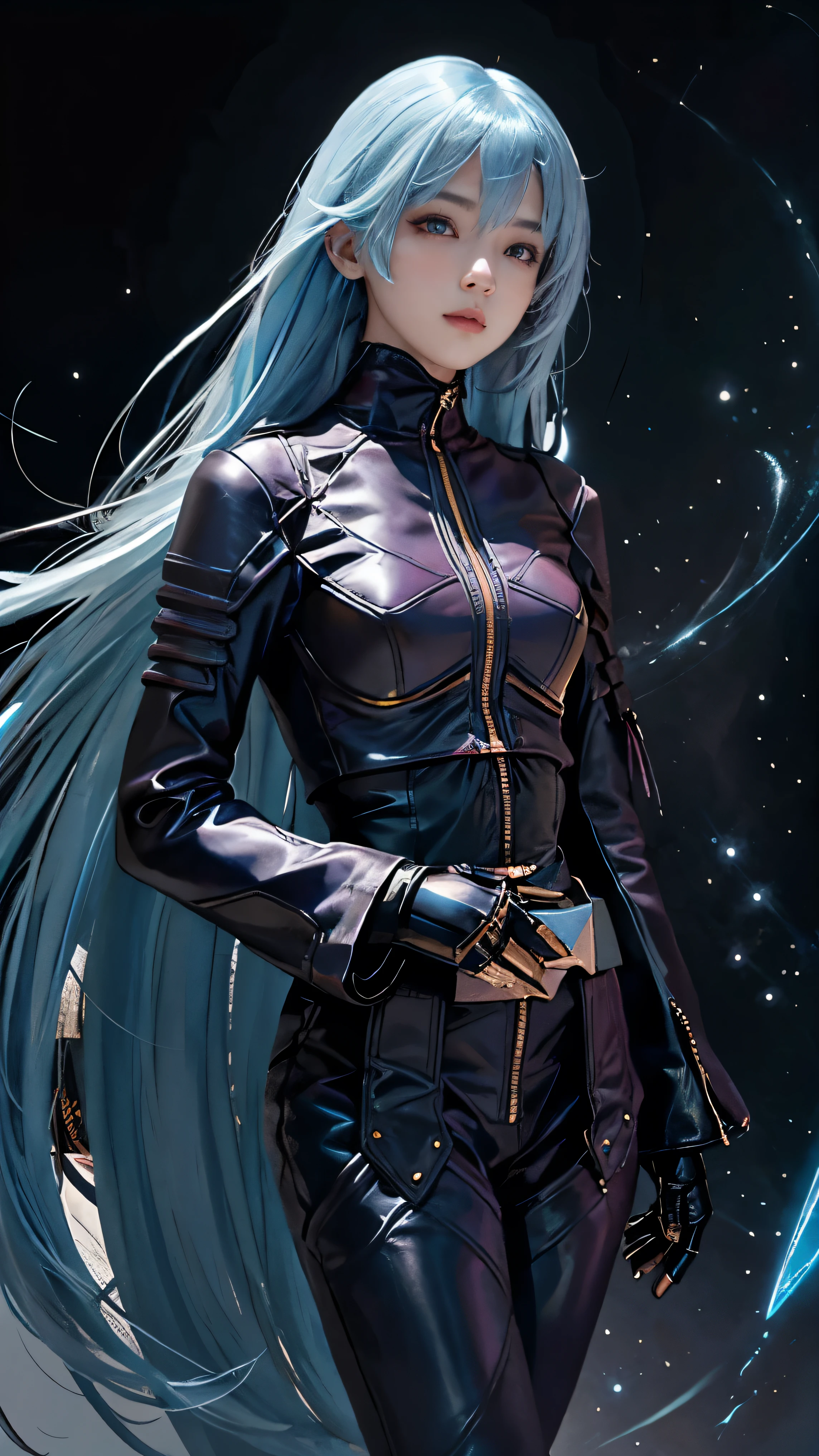 improve hand with 5 well defined fingers, has black gloves, future city background, long hair, mysterious eyes, Shiny mysterious light blue hair, mysterious eyes, shining pupils, space background,  girl, small smile
