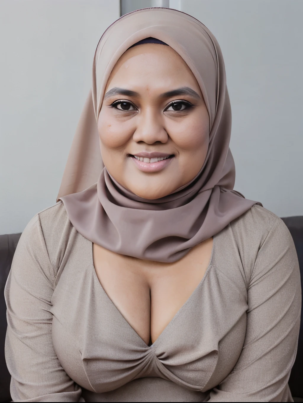 (Realistic) ((Hijab)) (real mature face) 62 Years old fat Indonesian mature woman, no makeup, sexy curvy, (sexy chubby body shape), Big : 34.9,, (wide cleavage), professional photography with excellent lighting